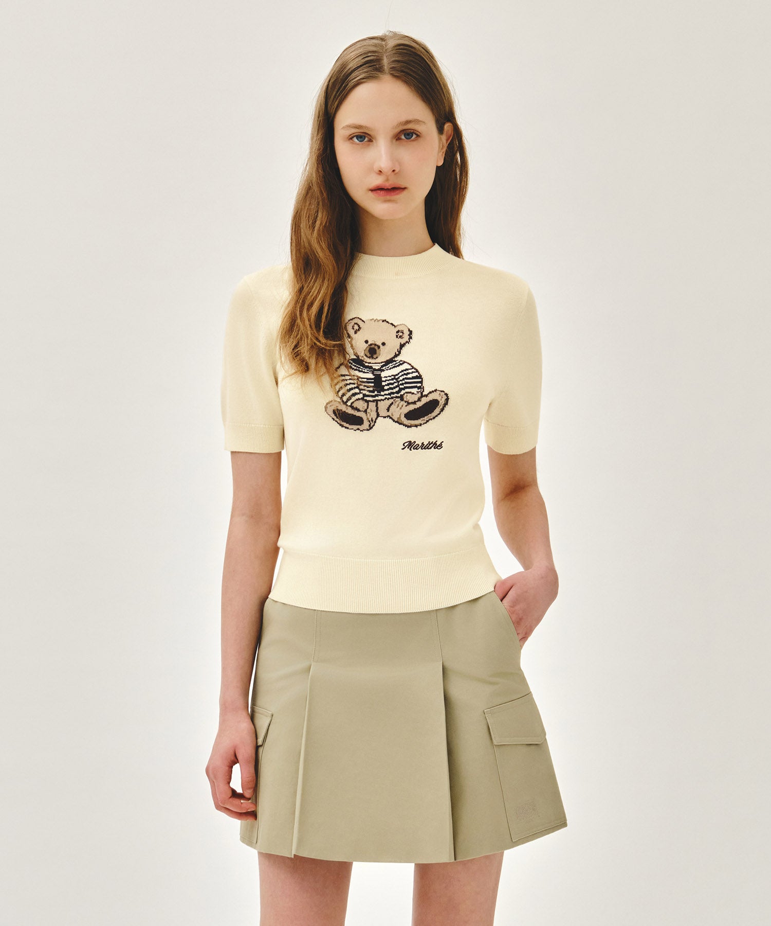 Marithe & Francois Girbaud - Doodle Bear Half Knit Pullover (Ivory) product image 1 | TRAB K-Fashion Australia