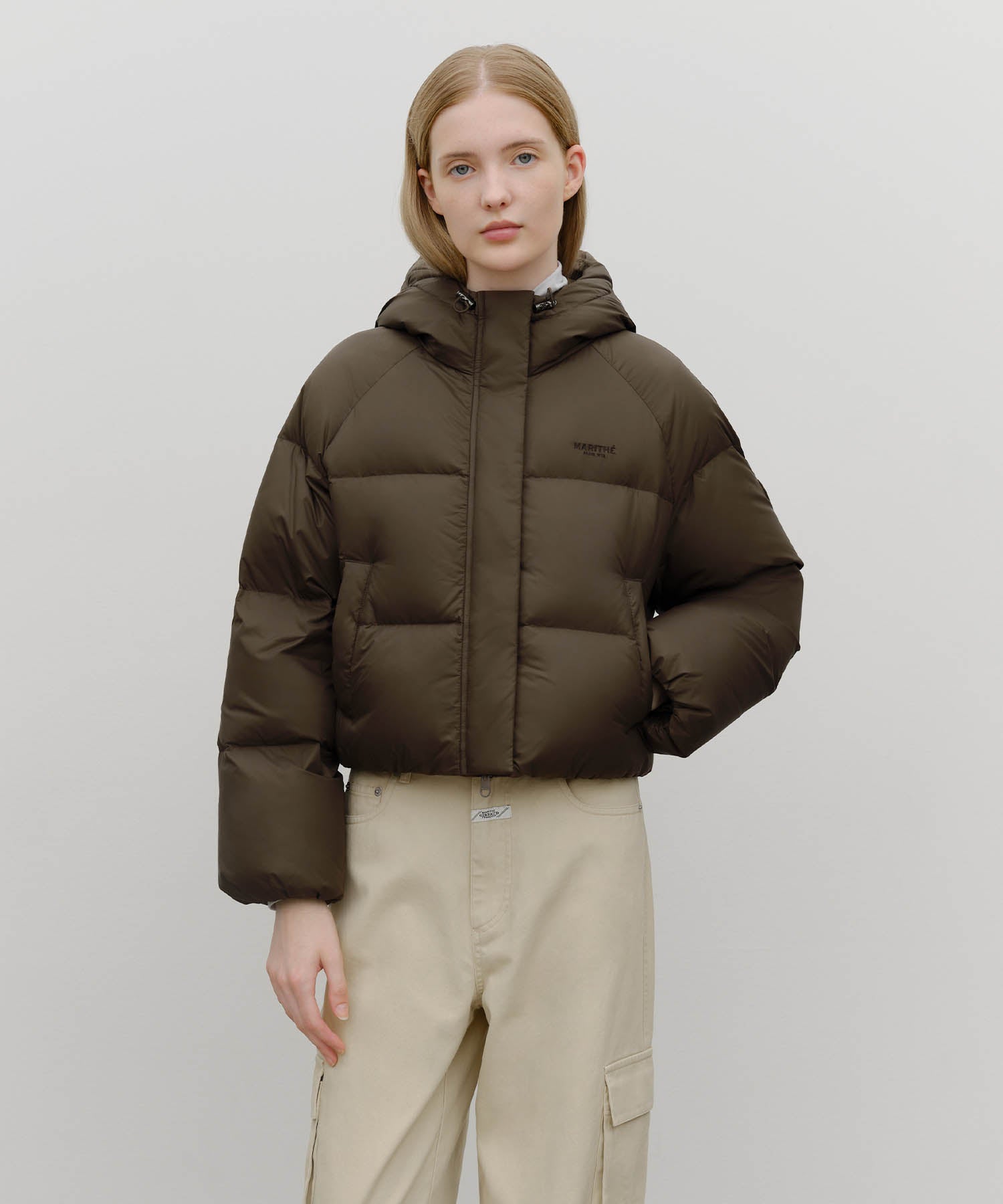 Marithe & Francois Girbaud - Regular Logo Hooded Crop Down Jacket (Brown) product image 1 | TRAB K-Fashion Australia