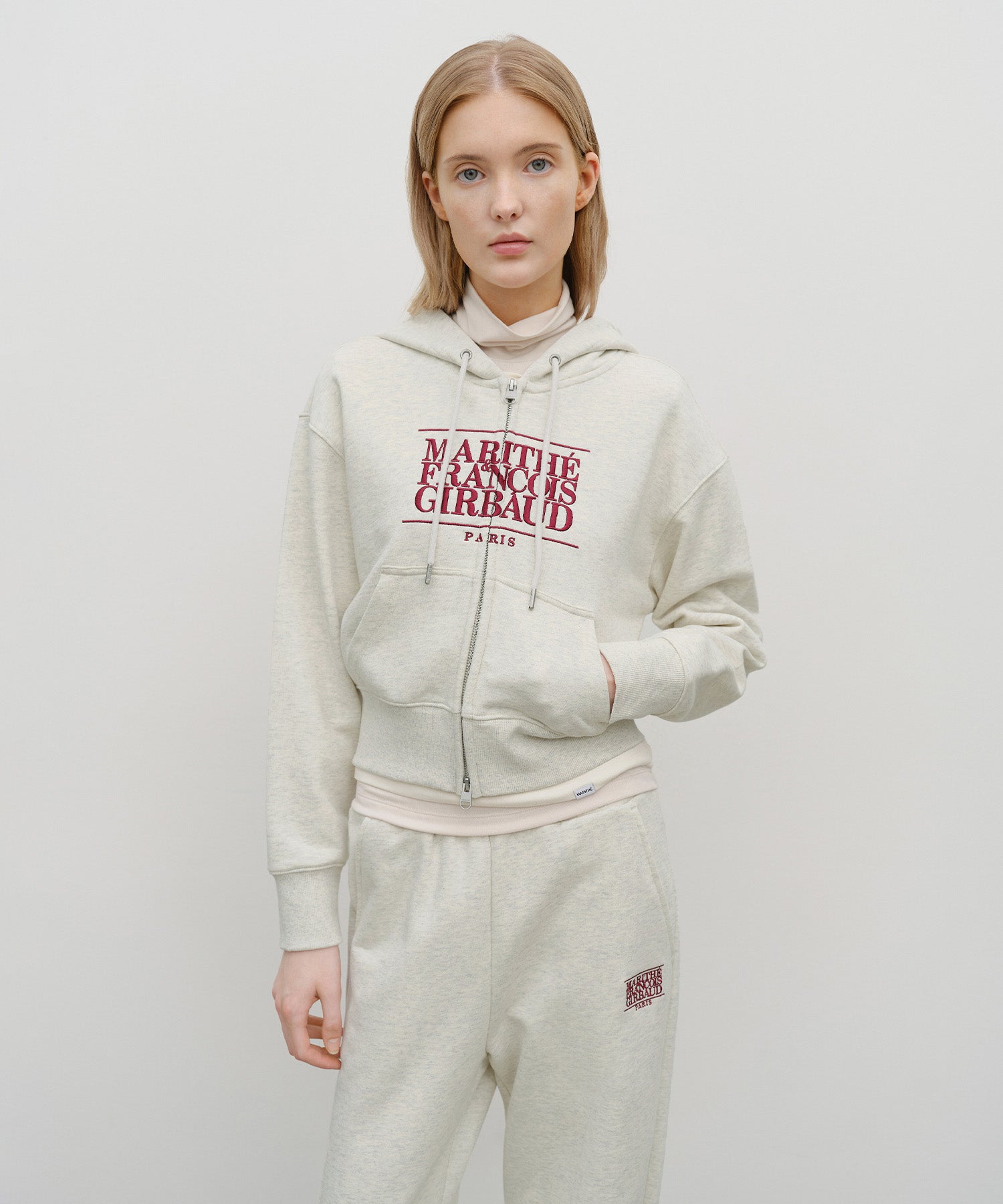 Marithe & Francois Girbaud - Embroidery Classic Logo Crop Hoodie Zipup (Oatmeal) product image 1 | TRAB K-Fashion Australia