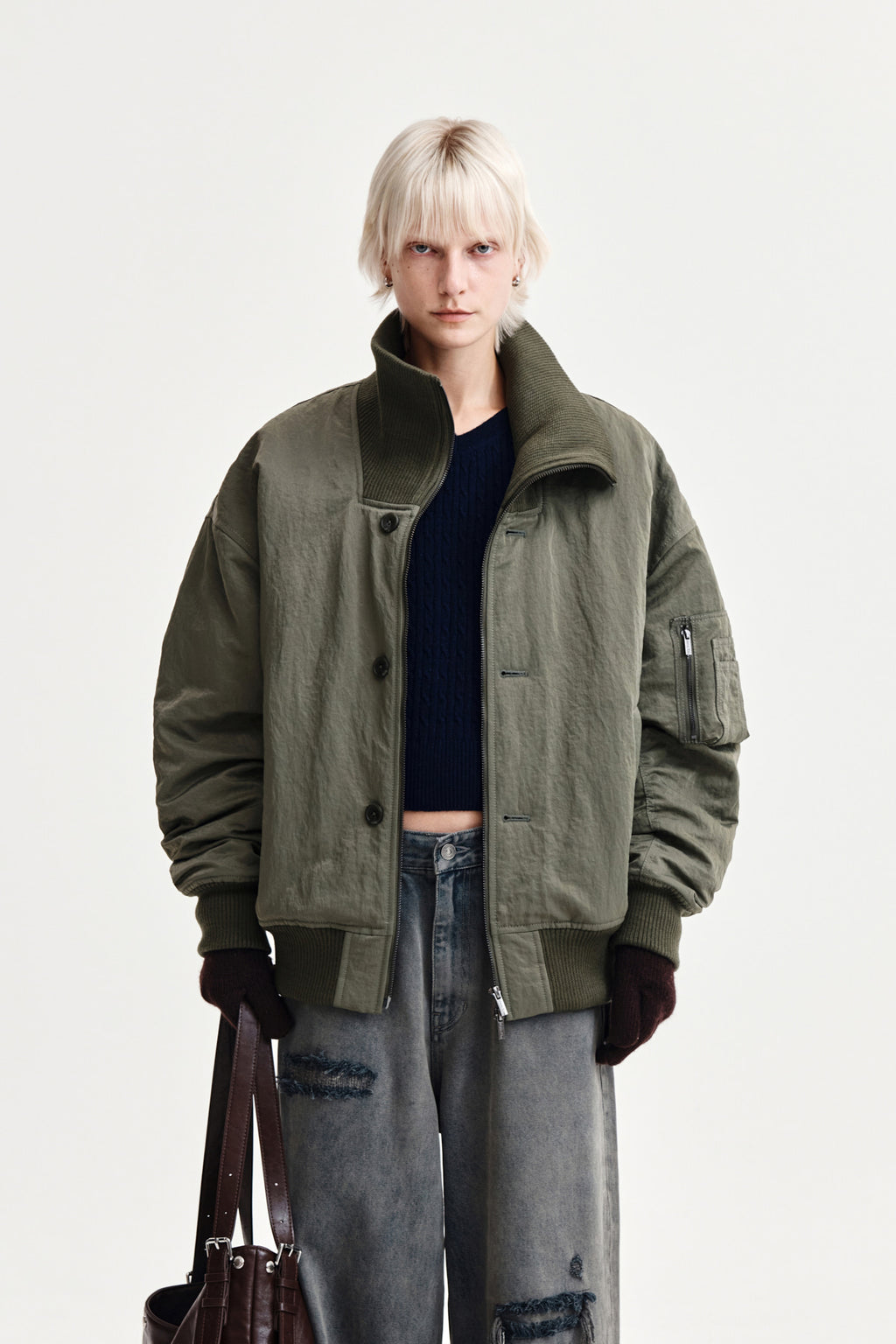 Matin Kim - High Neck Button Point Zip Up Jumper (Khaki) product image 9 | TRAB K-Fashion Australia