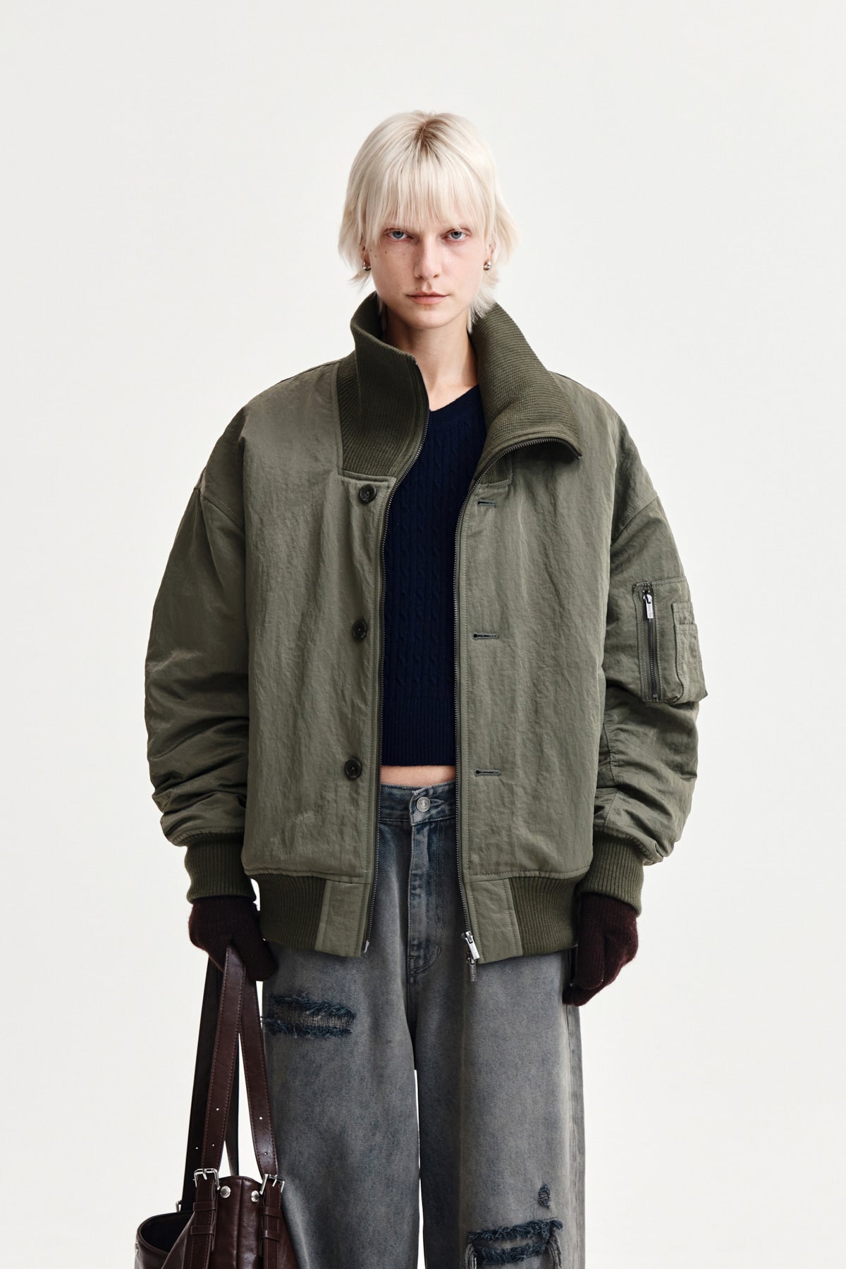 Matin Kim - High Neck Button Point Zip Up Jumper (Khaki) product image 9 | TRAB K-Fashion Australia