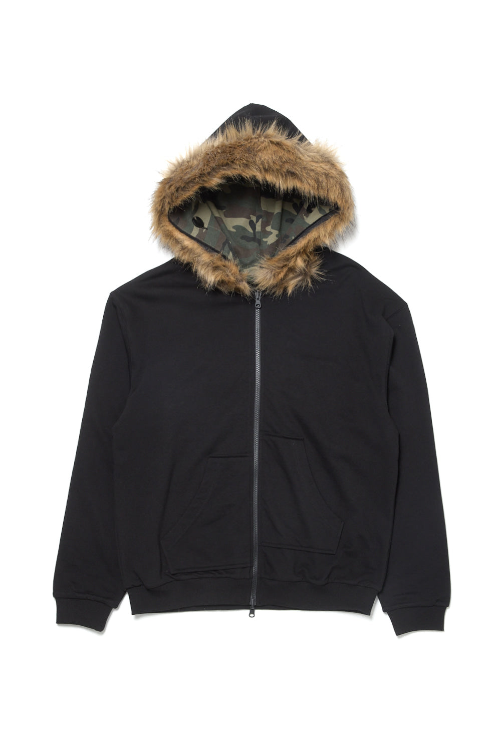 Hatchingroom - Reversible Faux Fur Hoodie (Black/Camo Khaki) product image 1 | TRAB K-Fashion Australia