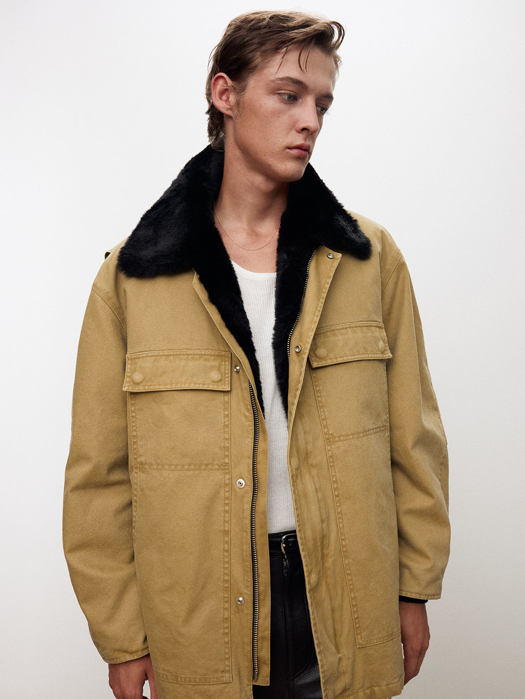 Tonywack - Fur Trimmed Garment Washed Chore Jacket (Beige) product image 1 | TRAB K-Fashion Australia