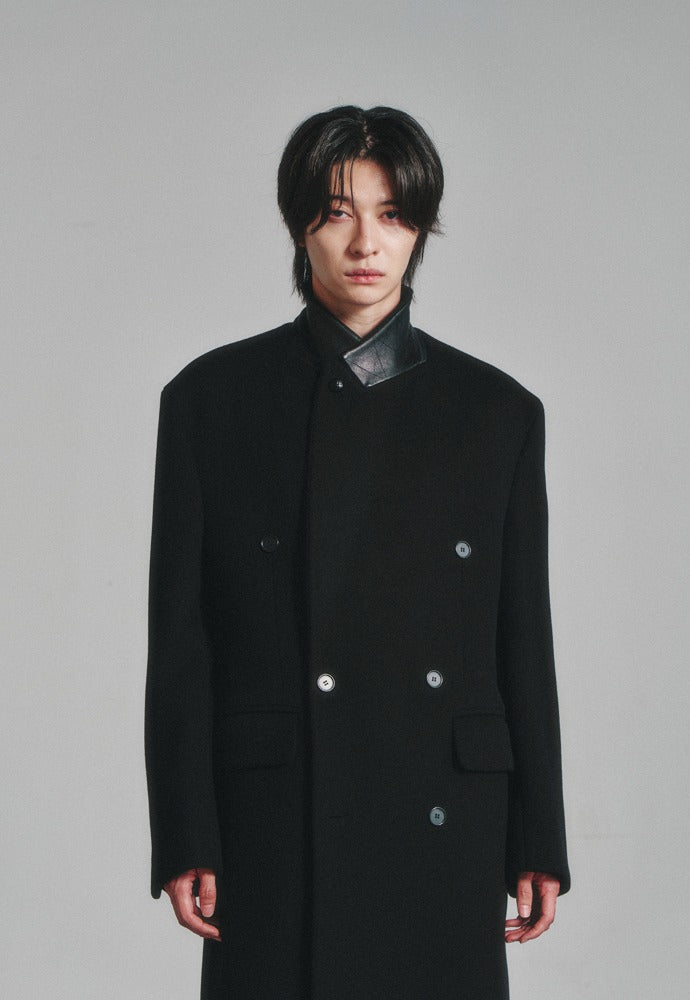 Art if acts - Leather Collar Double-Breasted Coat (Black) product image 1 | TRAB K-Fashion Australia