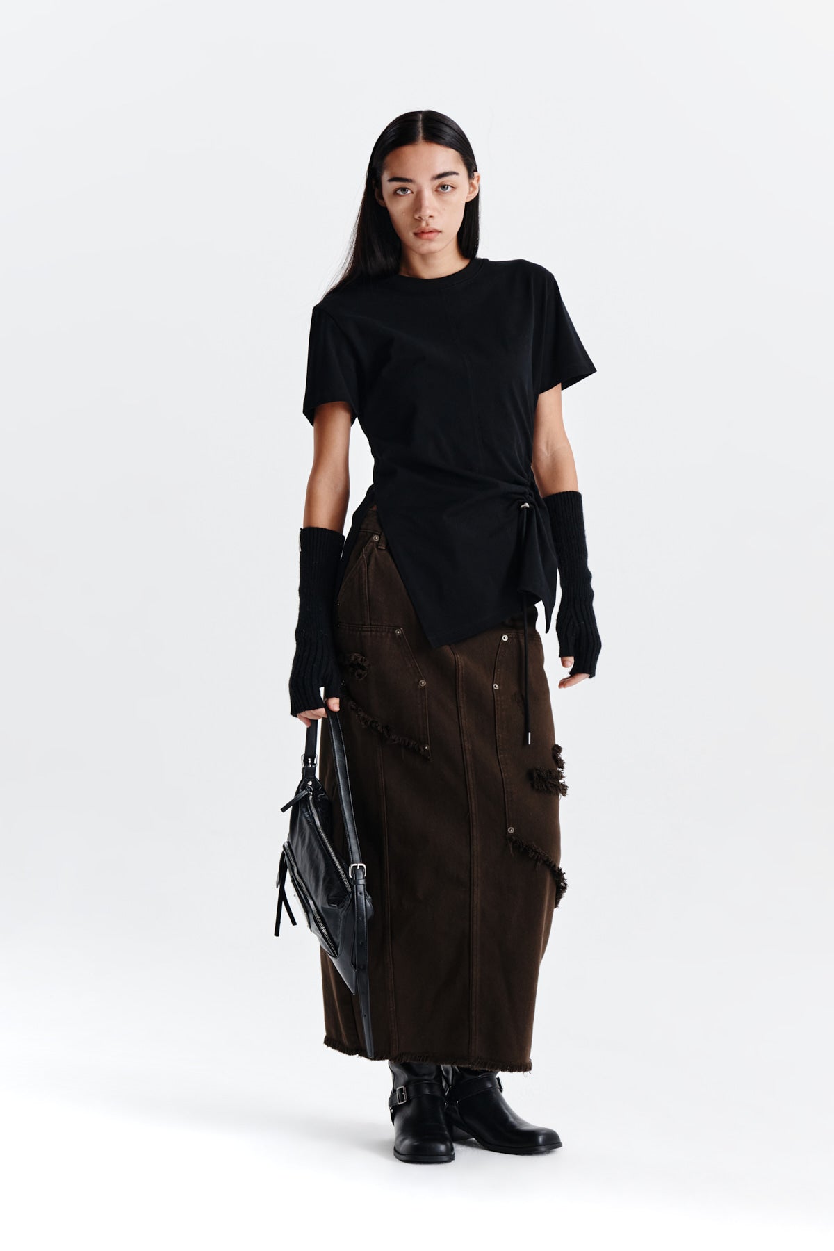 Matin Kim - Unbalance Damage Denim Skirt (Khaki) product image 8 | TRAB K-Fashion Australia