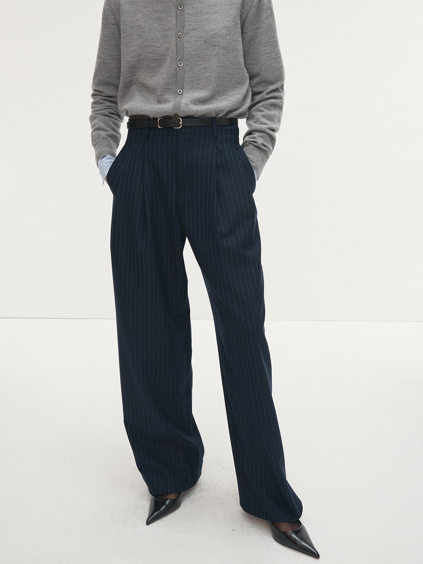 Tonywack - Striped Wool Double-Pleats Wide Trousers (Navy Pinstripe) product image 4 | TRAB K-Fashion Australia