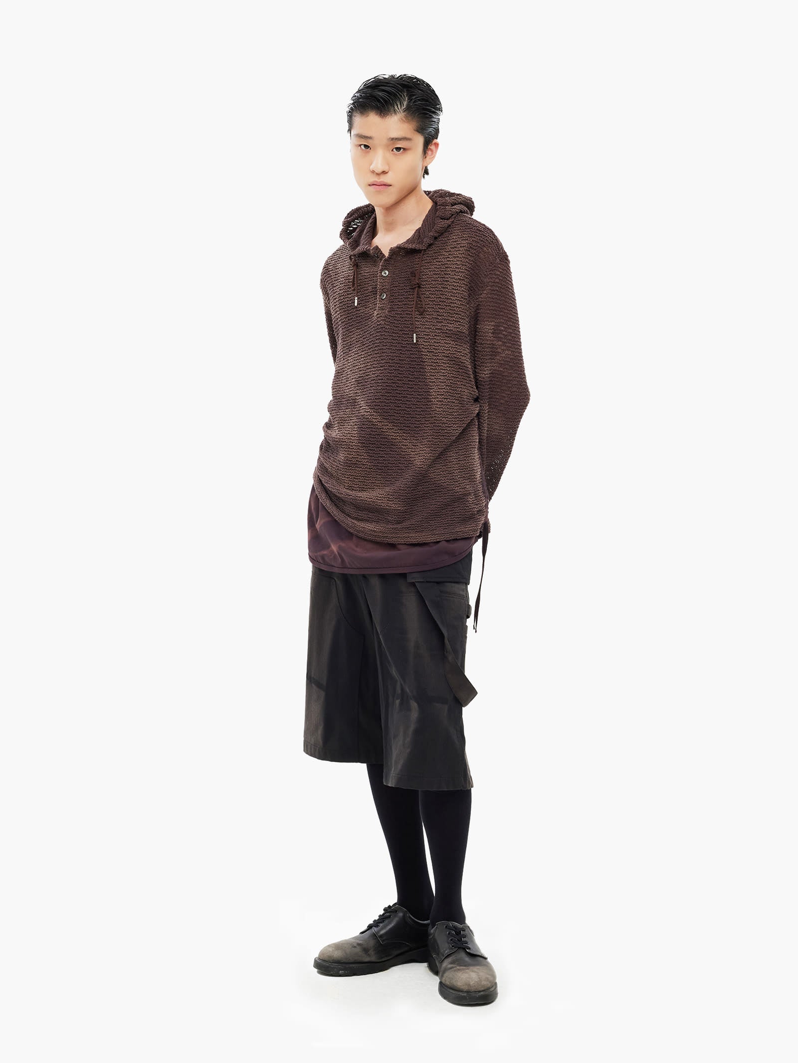 Jiyong Kim - Sun-Bleached Layered Net Hoodie (Burgundy) product image 1 | TRAB K-Fashion Australia