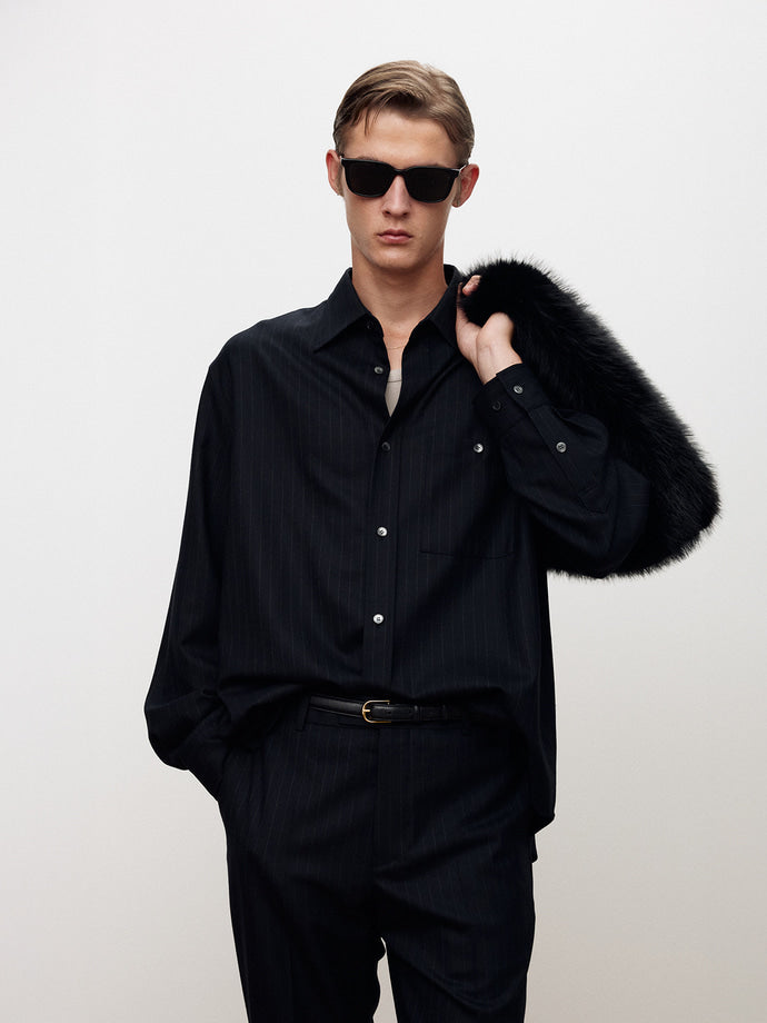 Tonywack - Wool Striped Relaxed Shirt (Navy Pinstripe) product image 1 | TRAB K-Fashion Australia