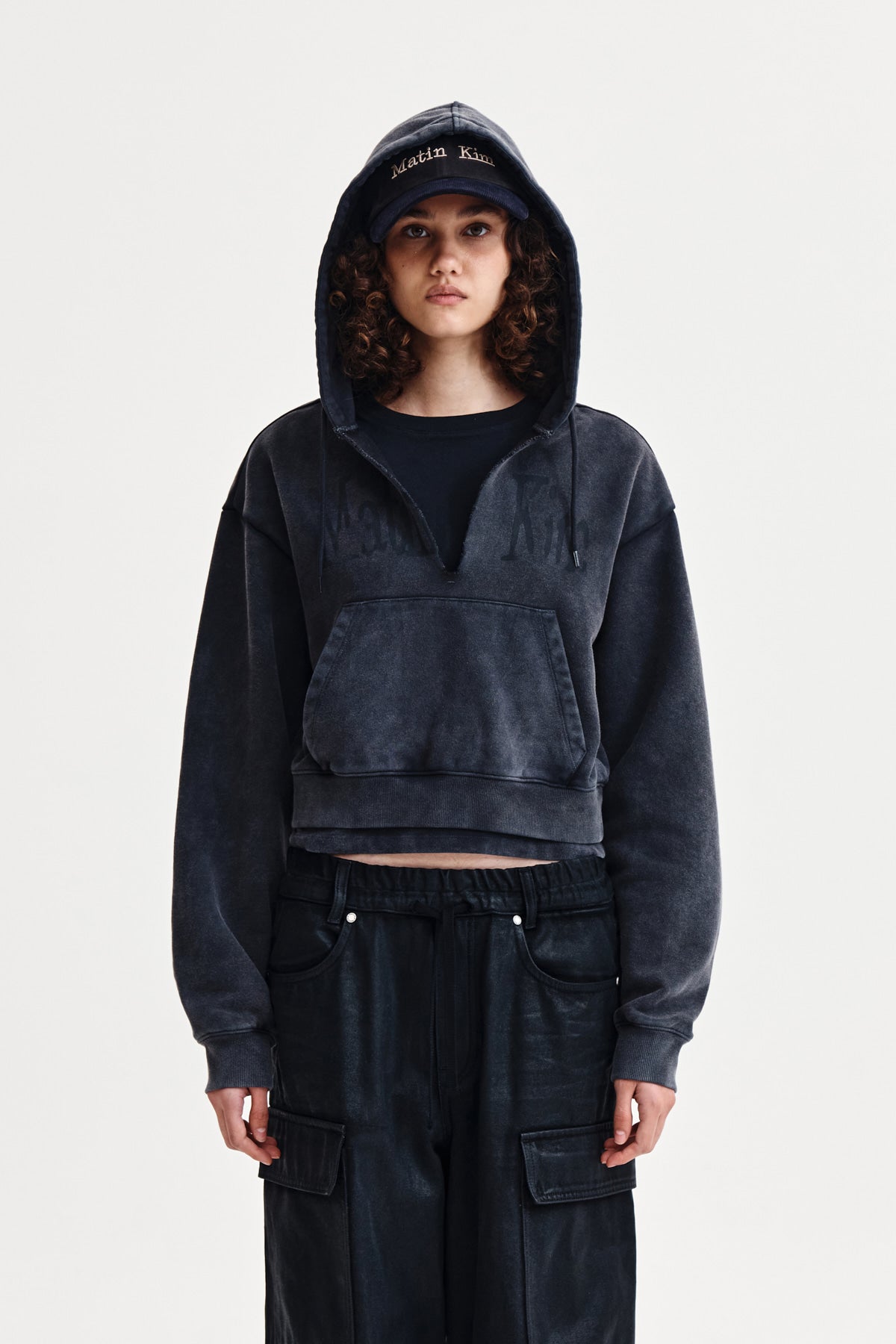 Matin Kim - Washed Layered Crop Hoody (Charcoal) product image 1 | TRAB K-Fashion Australia