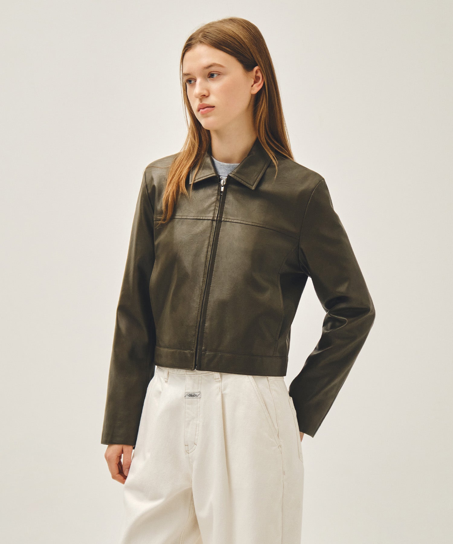 Marithe & Francois Girbaud - Crop Faux Leather Jacket (Khaki) product image 5 | TRAB K-Fashion Australia