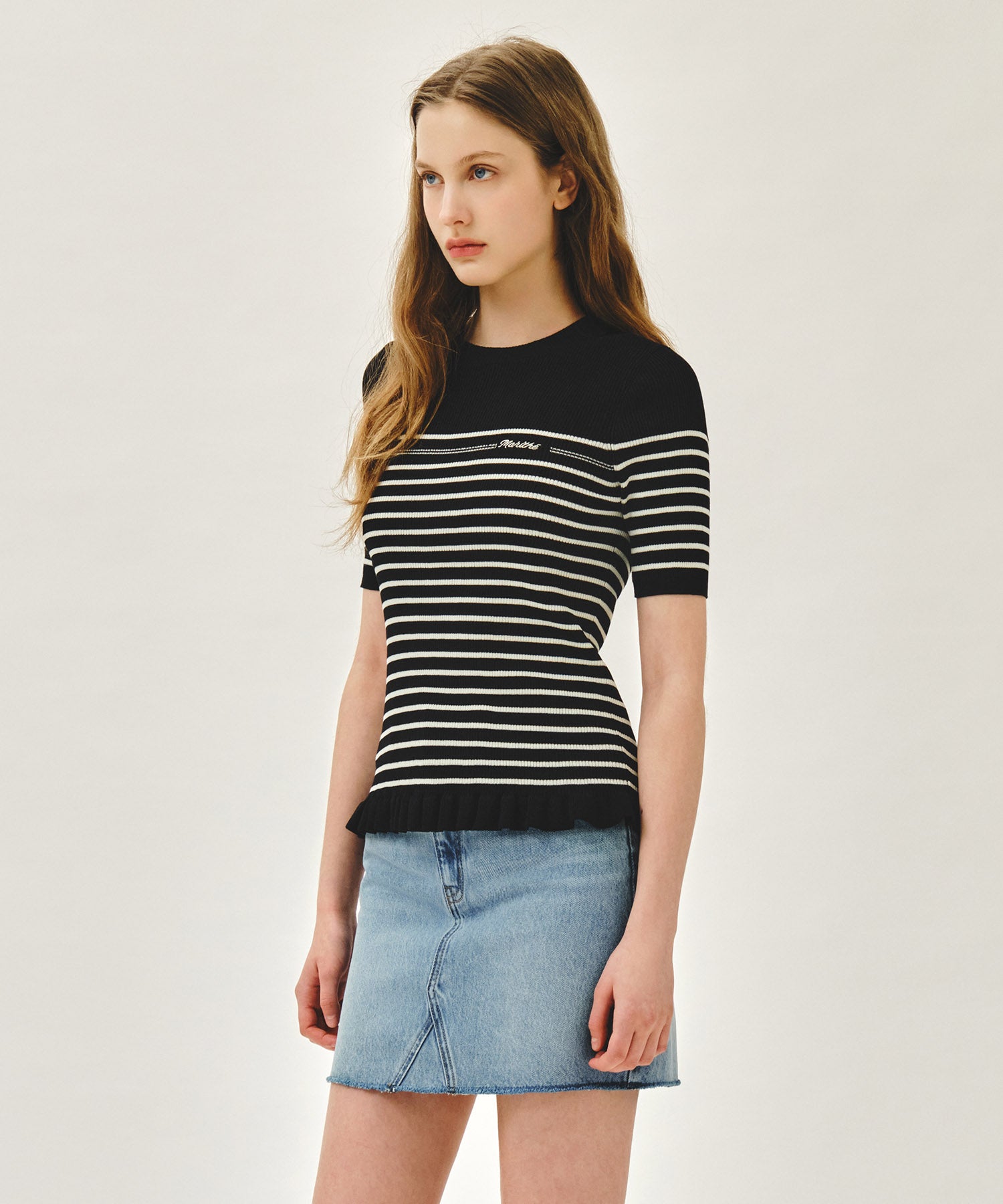 Marithe & Francois Girbaud - Ruffle Point Stripe Half Knit Pullover (Black) product image 2 | TRAB K-Fashion Australia