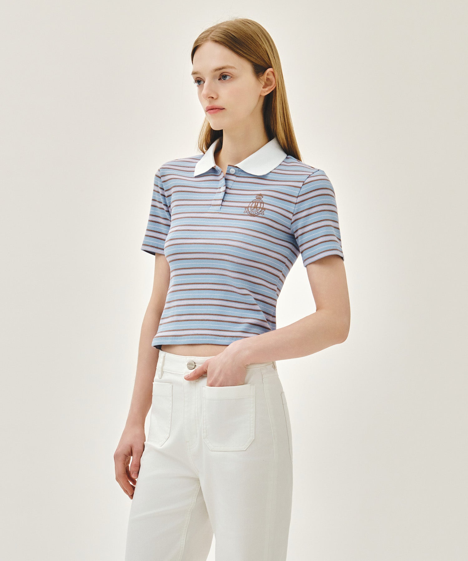 Marithe & Francois Girbaud - Stripe Slim Crop Collar Tee (Light Blue) product image 2 | TRAB K-Fashion Australia