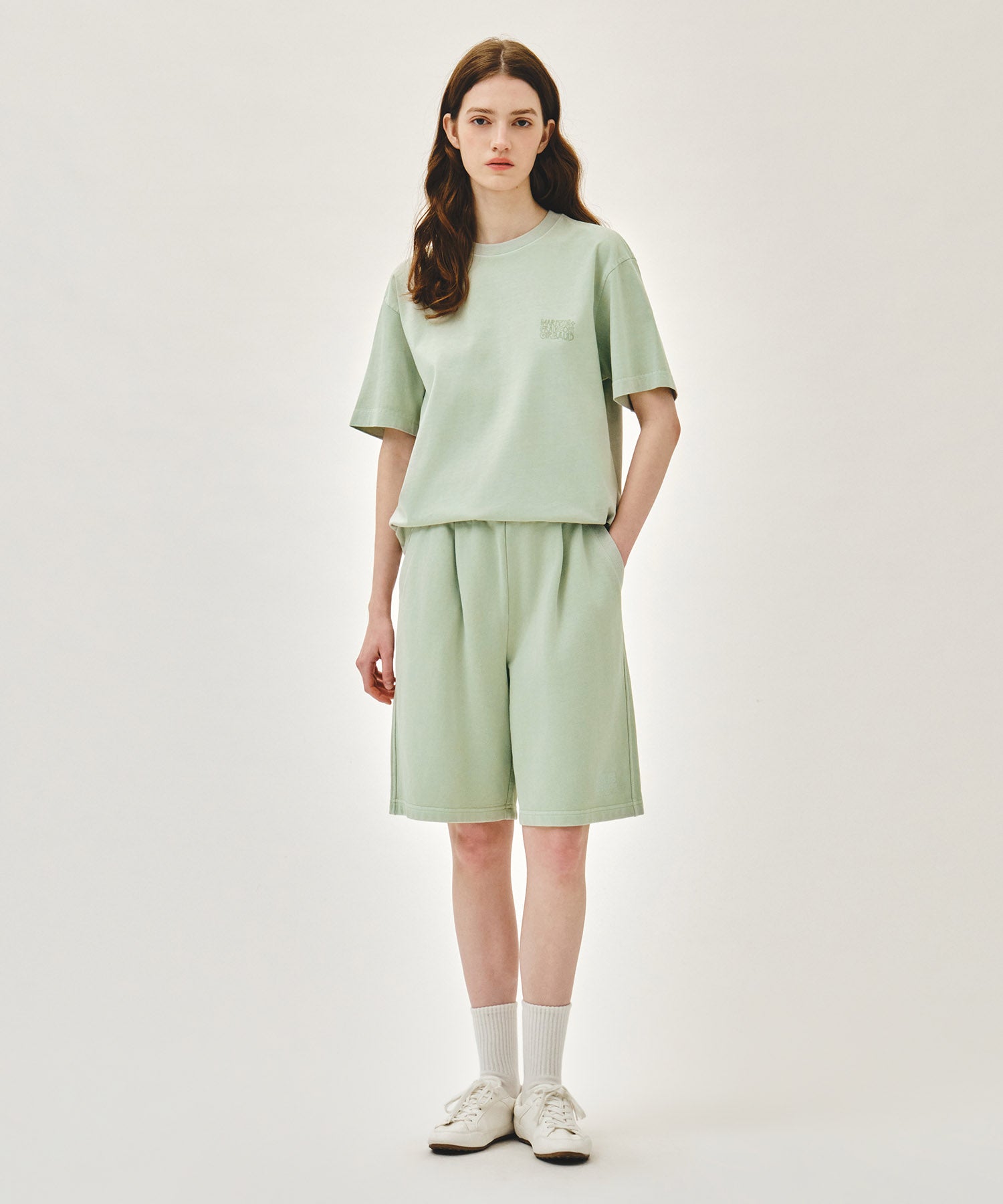 Marithe & Francois Girbaud - Outline Classic Logo Dyeing Bermuda Sweat Shorts (Mint) product image 2 | TRAB K-Fashion Australia