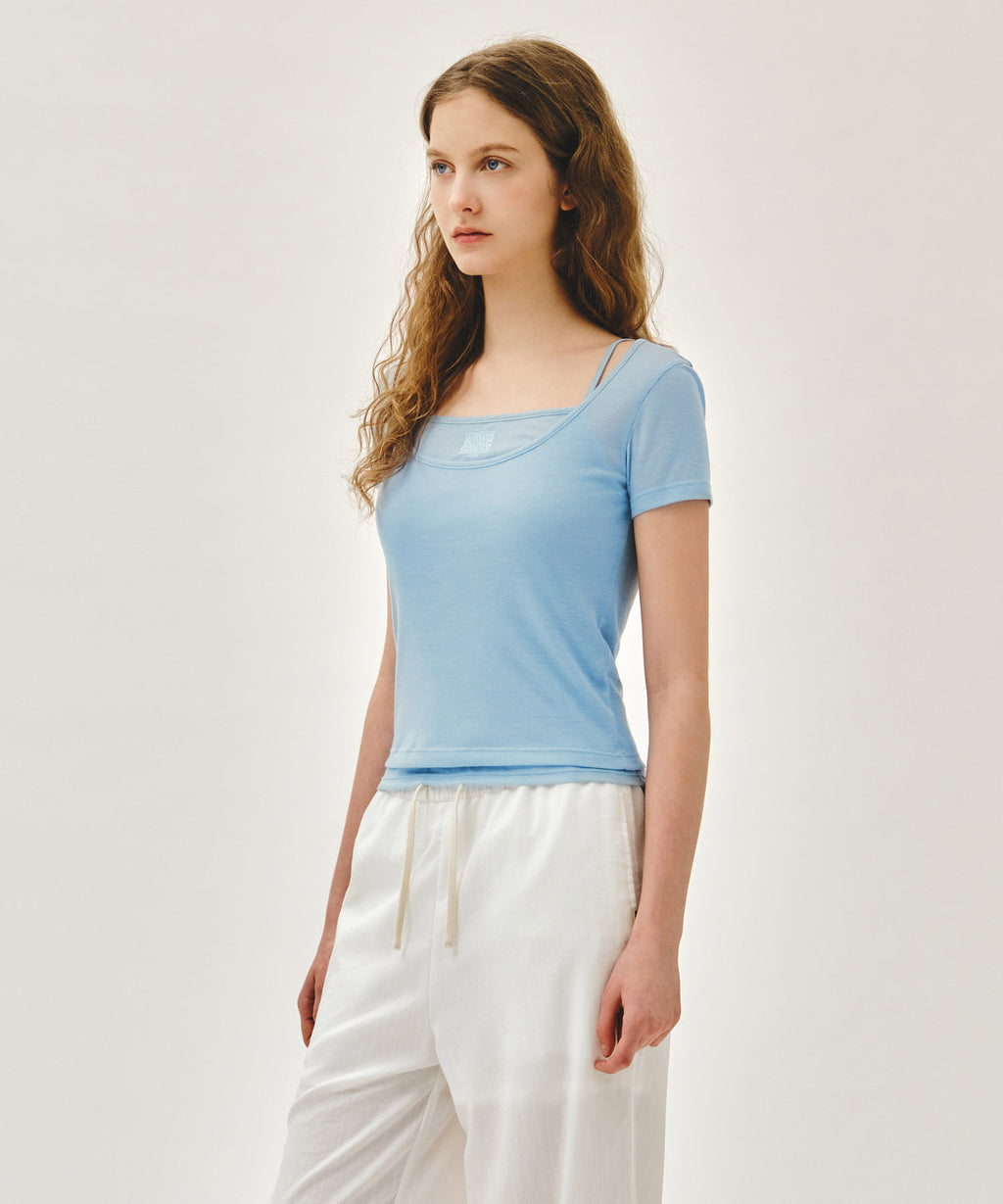 Marithe & Francois Girbaud - Small Classic Logo Sleeveless Layered Slim Crop Tee (Sky Blue) product image 2 | TRAB K-Fashion Australia