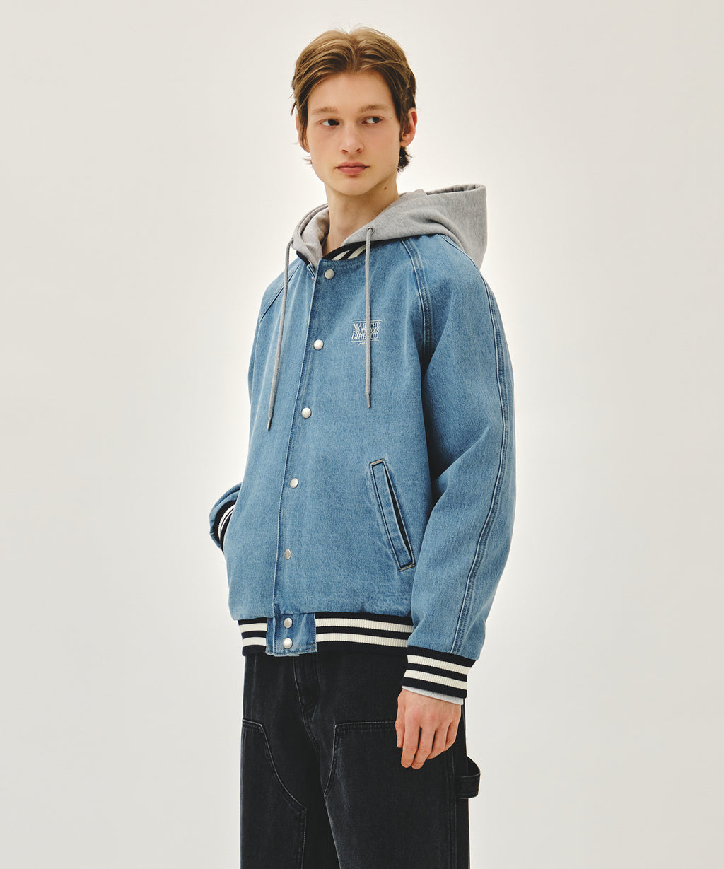 Marithe & Francois Girbaud - Classic Logo Raglan Denim Varsity Jacket (Light Blue) product image 2 | TRAB K-Fashion Australia
