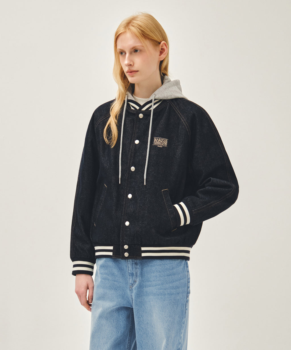 Marithe & Francois Girbaud - Classic Logo Raglan Denim Varsity Jacket (Indigo) product image 2 | TRAB K-Fashion Australia