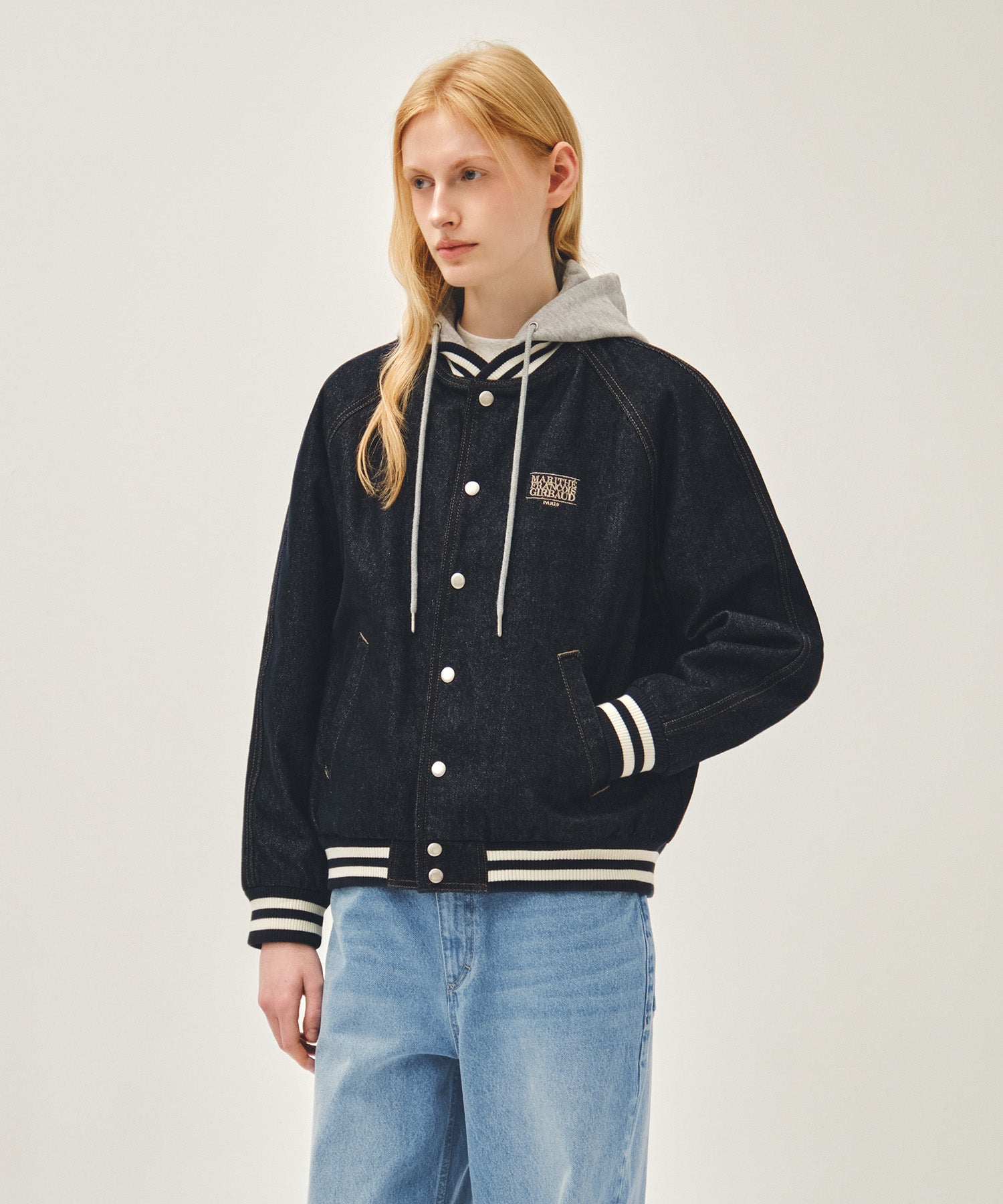 Marithe & Francois Girbaud - Classic Logo Raglan Denim Varsity Jacket (Indigo) product image 2 | TRAB K-Fashion Australia