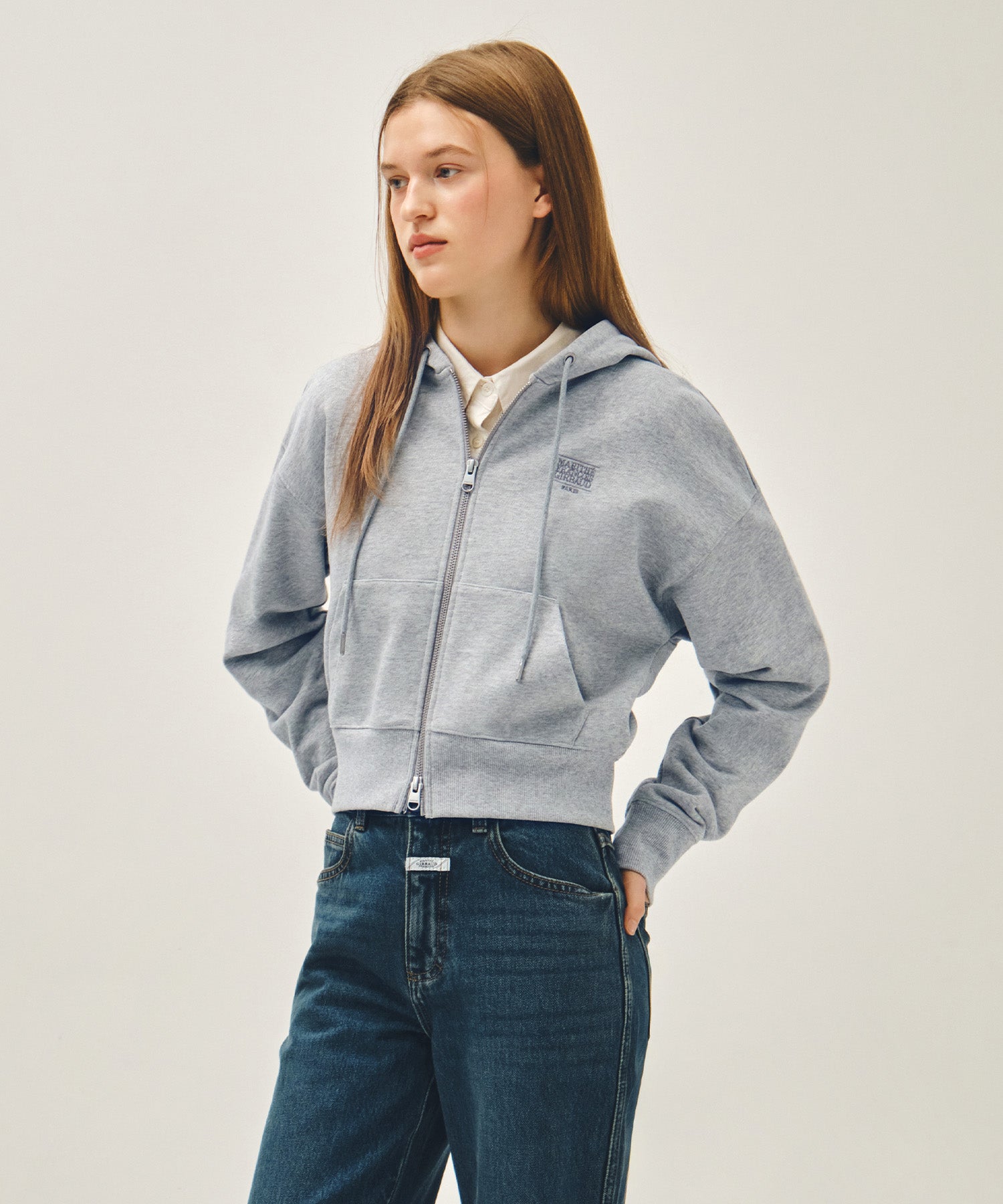 Marithe & Francois Girbaud - Back Classic Logo Crop Hoodie Zipup (Heather Gray) product image 2 | TRAB K-Fashion Australia