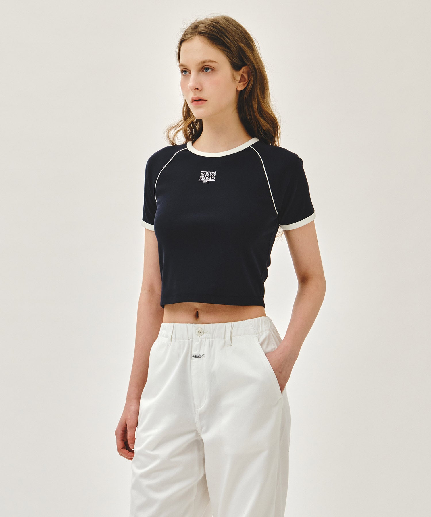 Marithe & Francois Girbaud - Aerocool Small Classic Logo Ringer Slim Crop Tee (Navy) product image 2 | TRAB K-Fashion Australia