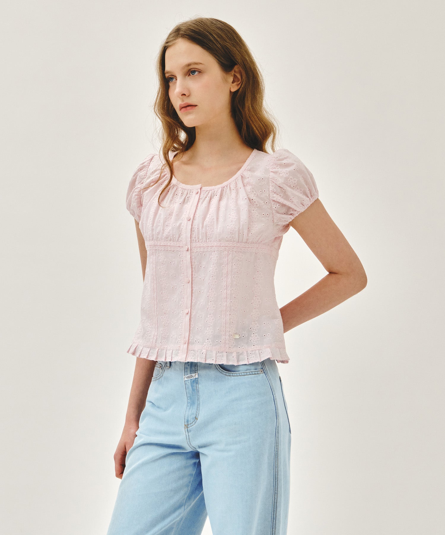Marithe & Francois Girbaud - Puff Sleeve Lace Shirt (Light Pink) product image 2 | TRAB K-Fashion Australia