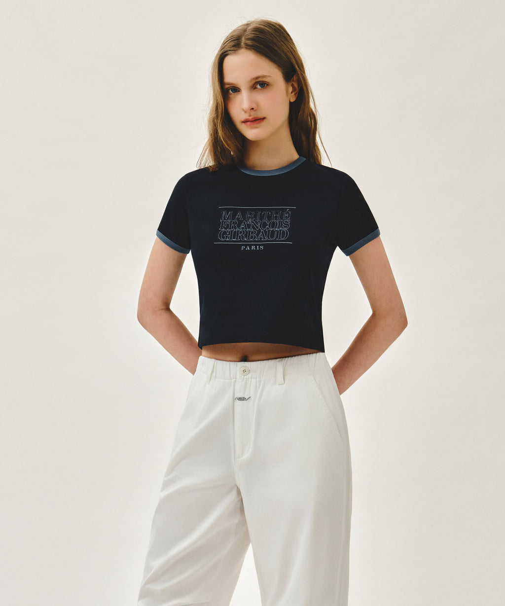 Marithe & Francois Girbaud - [Pre-order – Ships 15 Jul] Classic Logo Applique Ringer Crop Tee (Dark Navy) product image 2 | TRAB K-Fashion Australia