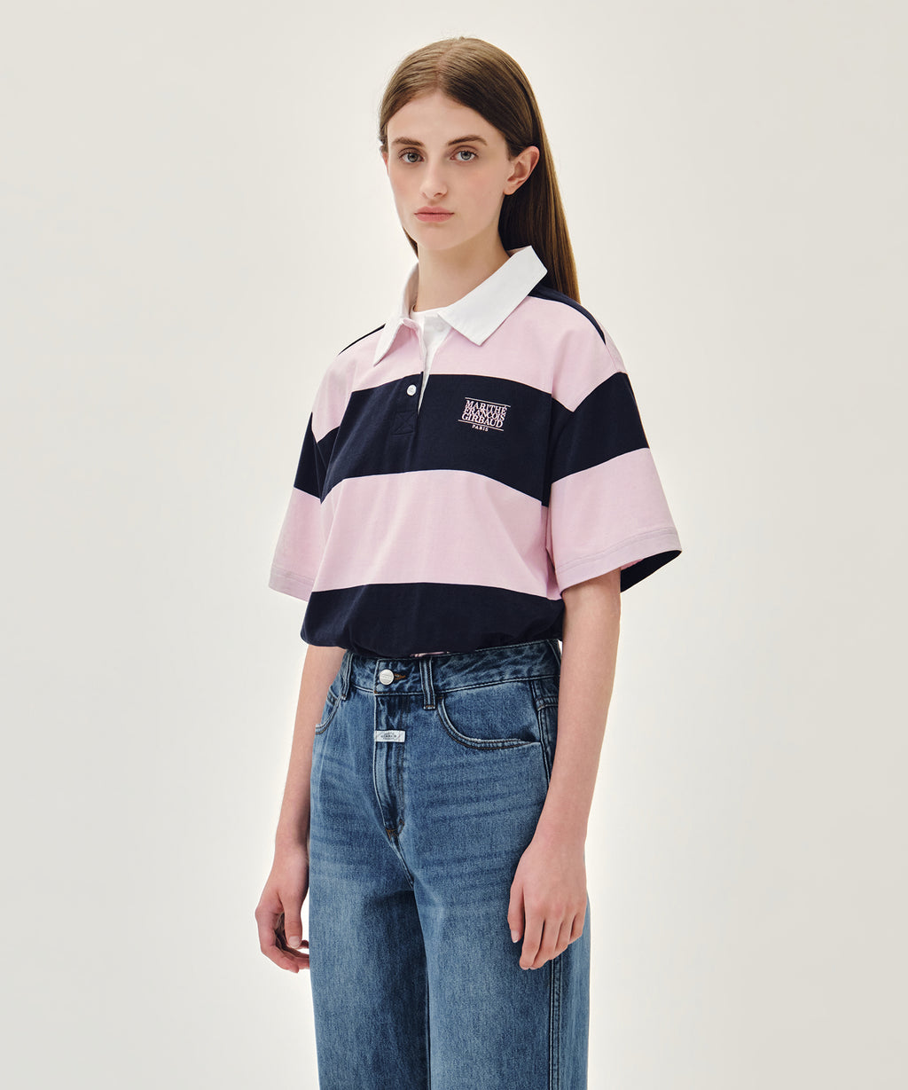 Marithe & Francois Girbaud - Small Classic Logo Rugby Stripe Oversized Collar Tee (Pink) product image 2 | TRAB K-Fashion Australia