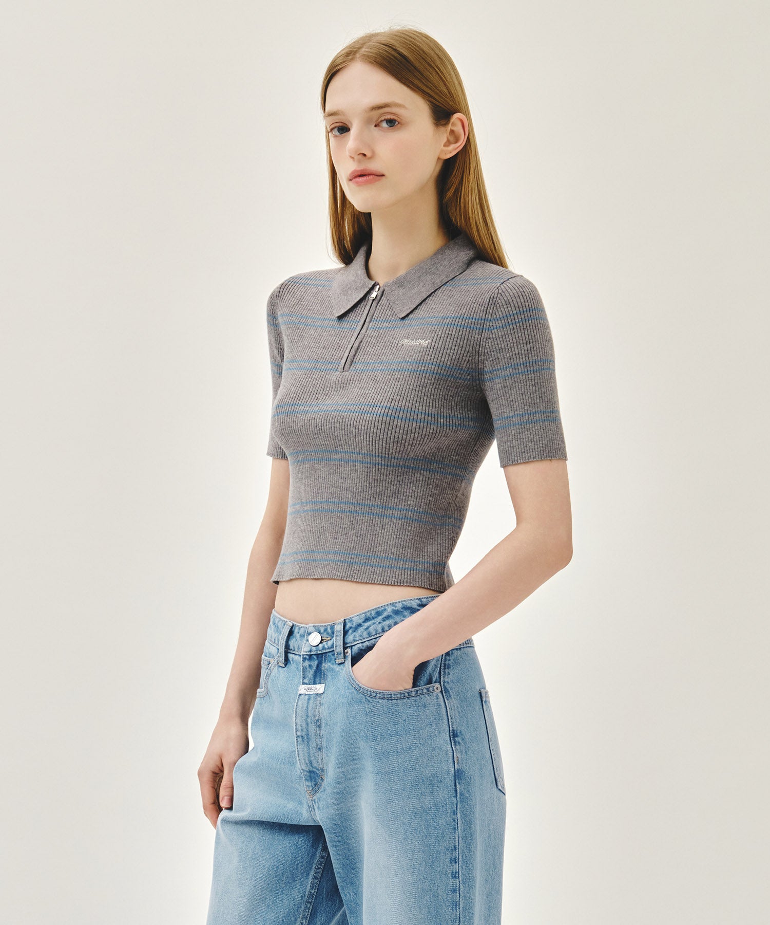 Marithe & Francois Girbaud - Stripe Half Zip Up Slim Knit (Melange Gray) product image 2 | TRAB K-Fashion Australia