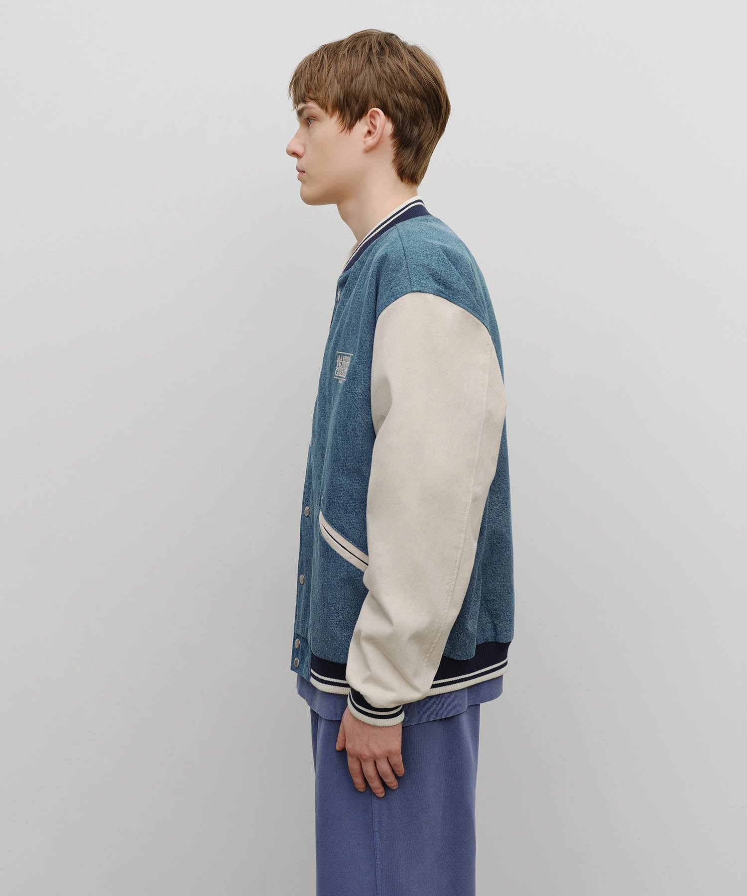 Marithe & Francois Girbaud - Classic Logo Embroidery Denim Varsity Jacket (Light Blue) product image 2 | TRAB K-Fashion Australia