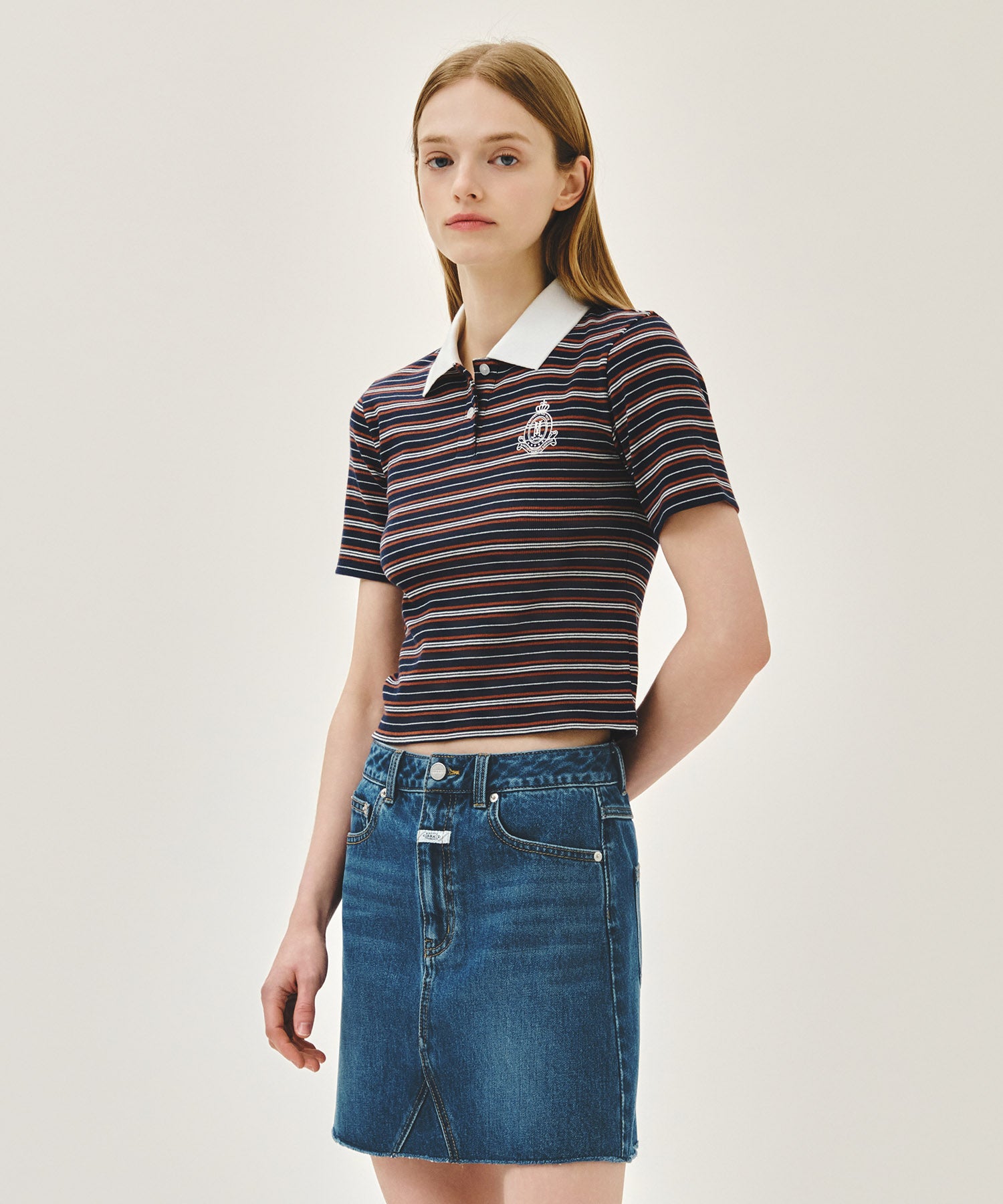 Marithe & Francois Girbaud - Stripe Slim Crop Collar Tee (Navy) product image 2 | TRAB K-Fashion Australia