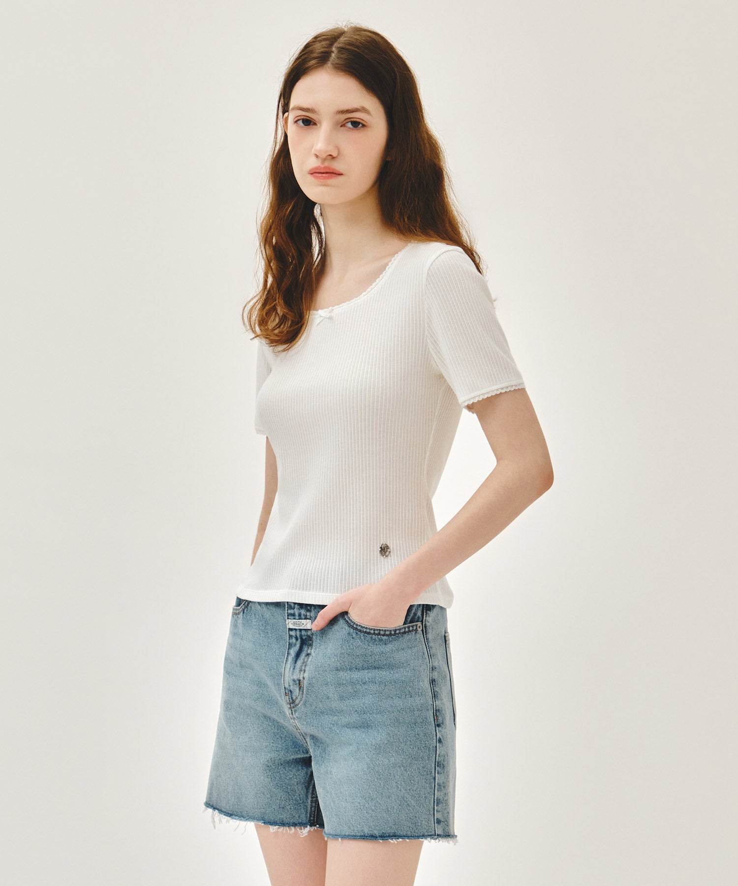 Marithe & Francois Girbaud - Square Neck Lace Detail Tee (White) product image 2 | TRAB K-Fashion Australia