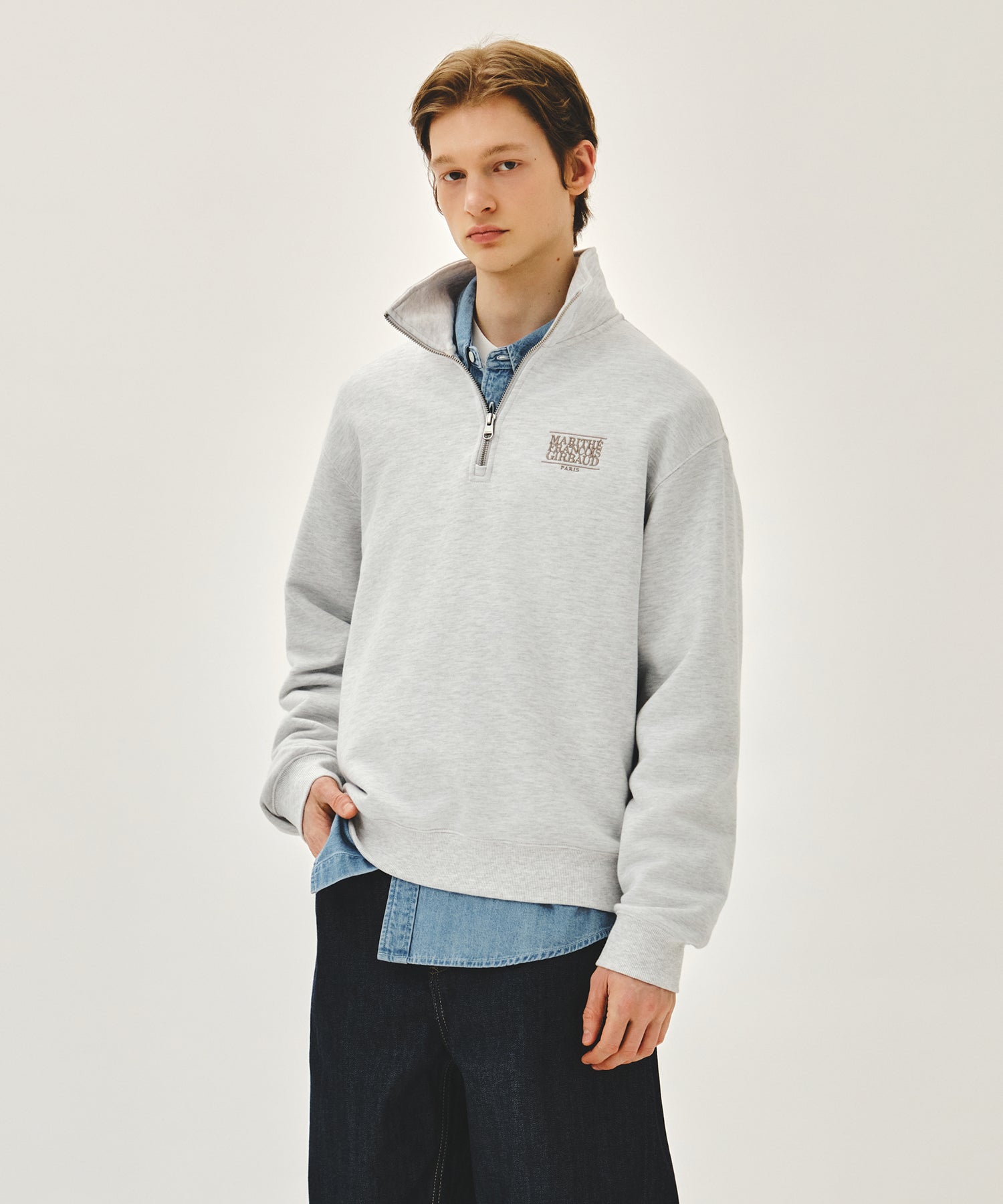Marithe & Francois Girbaud - Small Classic Logo Half Zipup Sweatshirt (Light Heather Gray) product image 2 | TRAB K-Fashion Australia
