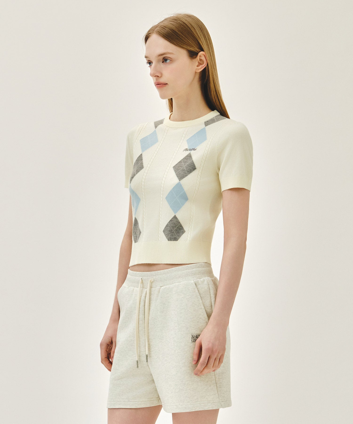 Marithe & Francois Girbaud - Argyle Cable Half Knit Pullover (Ivory) product image 2 | TRAB K-Fashion Australia