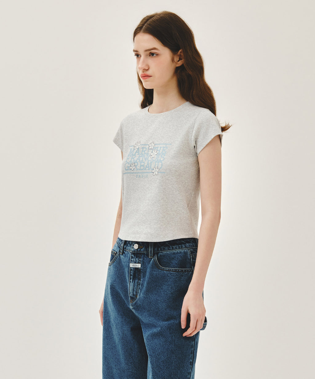 Marithe & Francois Girbaud - [Pre-order – Ships 19 Jun] Flower Classic Logo Cap Sleeve Slim Crop Tee (Light Heather Gray) product image 2 | TRAB K-Fashion Australia