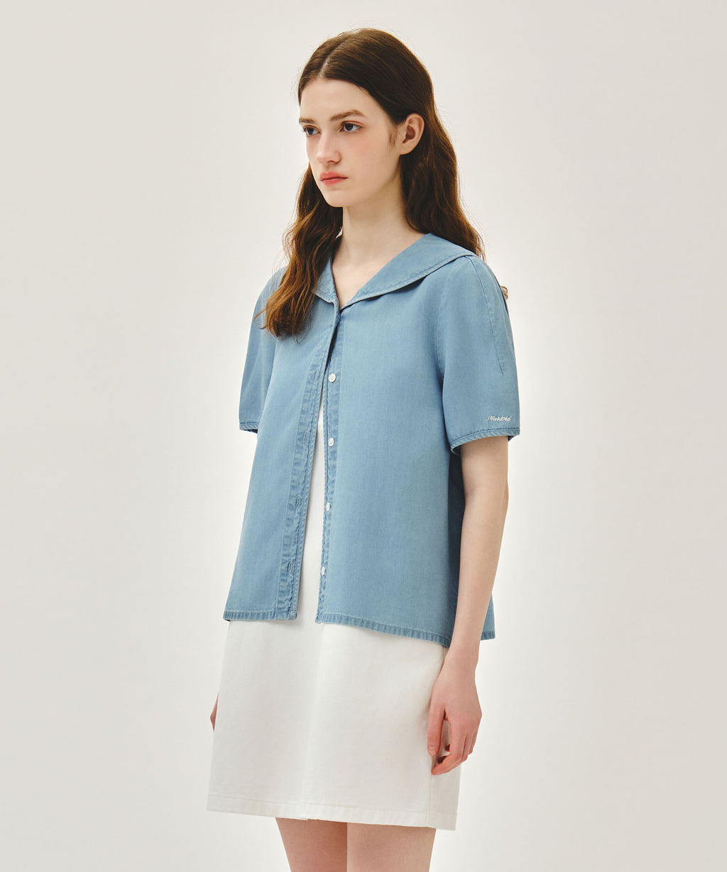 Marithe & Francois Girbaud - Sailor Collar Short Sleeve Chambray Shirt (Light Blue) product image 2 | TRAB K-Fashion Australia