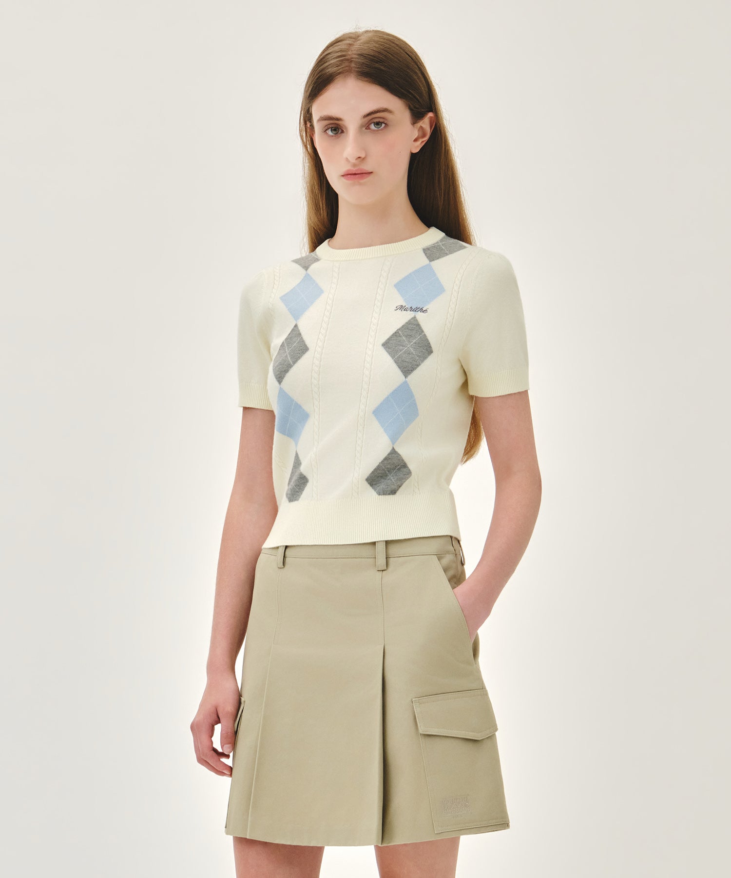 Marithe & Francois Girbaud - Argyle Cable Half Knit Pullover (Ivory) product image 2 | TRAB K-Fashion Australia