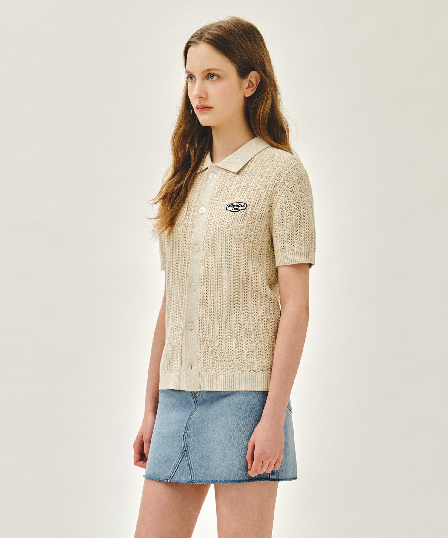 Marithe & Francois Girbaud - Wappen Crochet Half Knit Cardigan (Beige) product image 2 | TRAB K-Fashion Australia