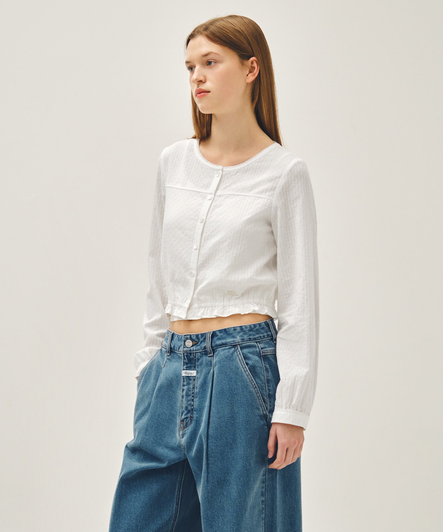 Marithe & Francois Girbaud - Lace Shirring Crop Blouse (White) product image 2 | TRAB K-Fashion Australia