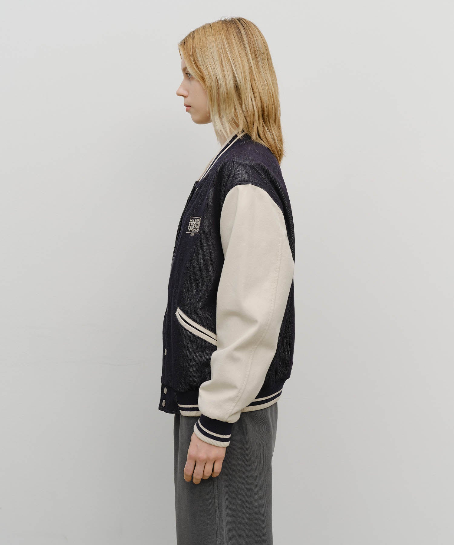 Marithe & Francois Girbaud - Classic Logo Embroidery Denim Varsity Jacket (Navy) product image 2 | TRAB K-Fashion Australia