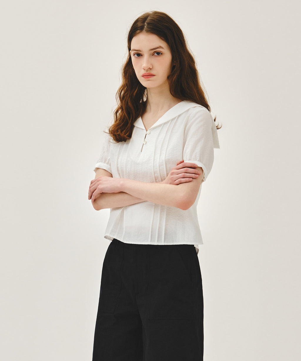 Marithe & Francois Girbaud - Pin Tuck Sailor Half Sleeve Shirt (White) product image 2 | TRAB K-Fashion Australia