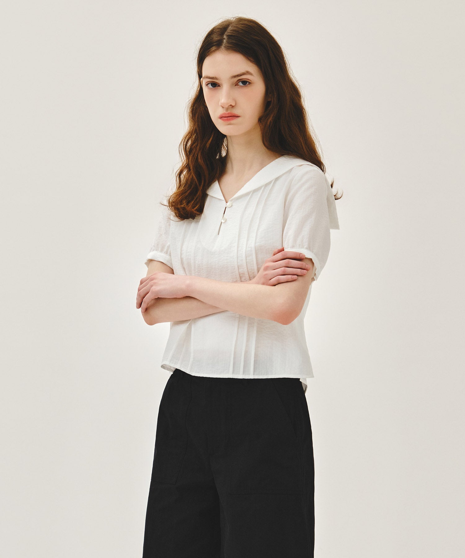 Marithe & Francois Girbaud - Pin Tuck Sailor Half Sleeve Shirt (White) product image 2 | TRAB K-Fashion Australia