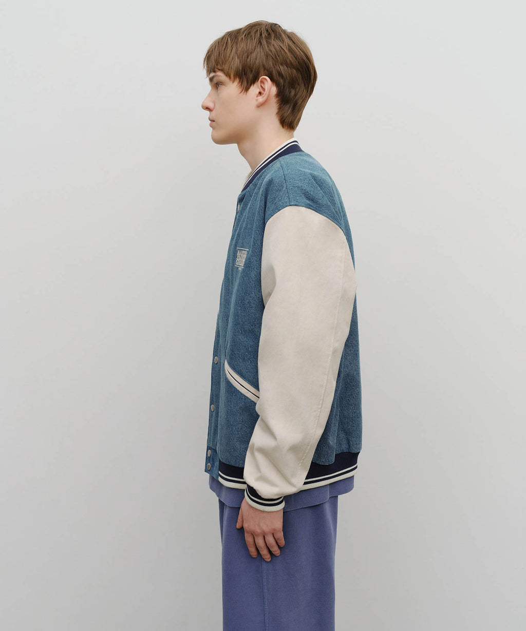 Marithe & Francois Girbaud - Classic Logo Embroidery Denim Varsity Jacket (Light Blue) product image 2 | TRAB K-Fashion Australia