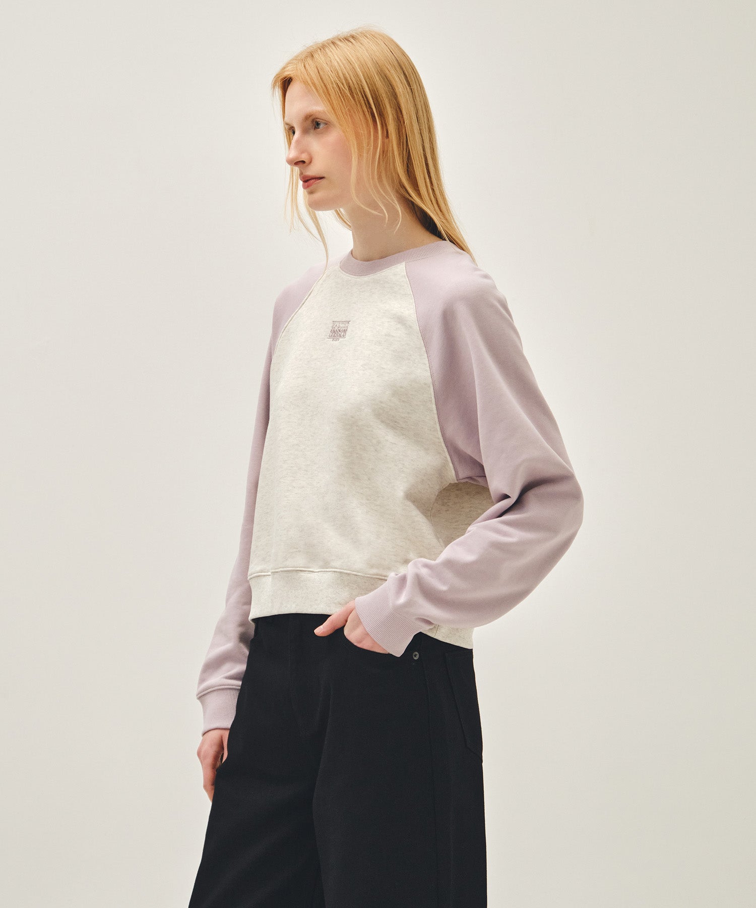 Marithe & Francois Girbaud - Block Classic Logo Raglan Crop Sweatshirt (Light Purple) product image 2 | TRAB K-Fashion Australia