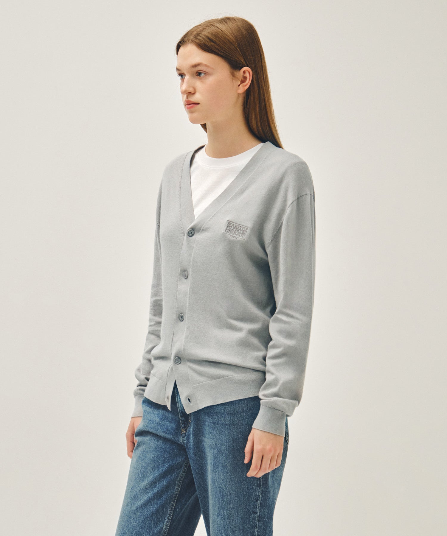 Marithe & Francois Girbaud - Small Classic Logo V-neck Knit Cardigan (Gray) product image 2 | TRAB K-Fashion Australia