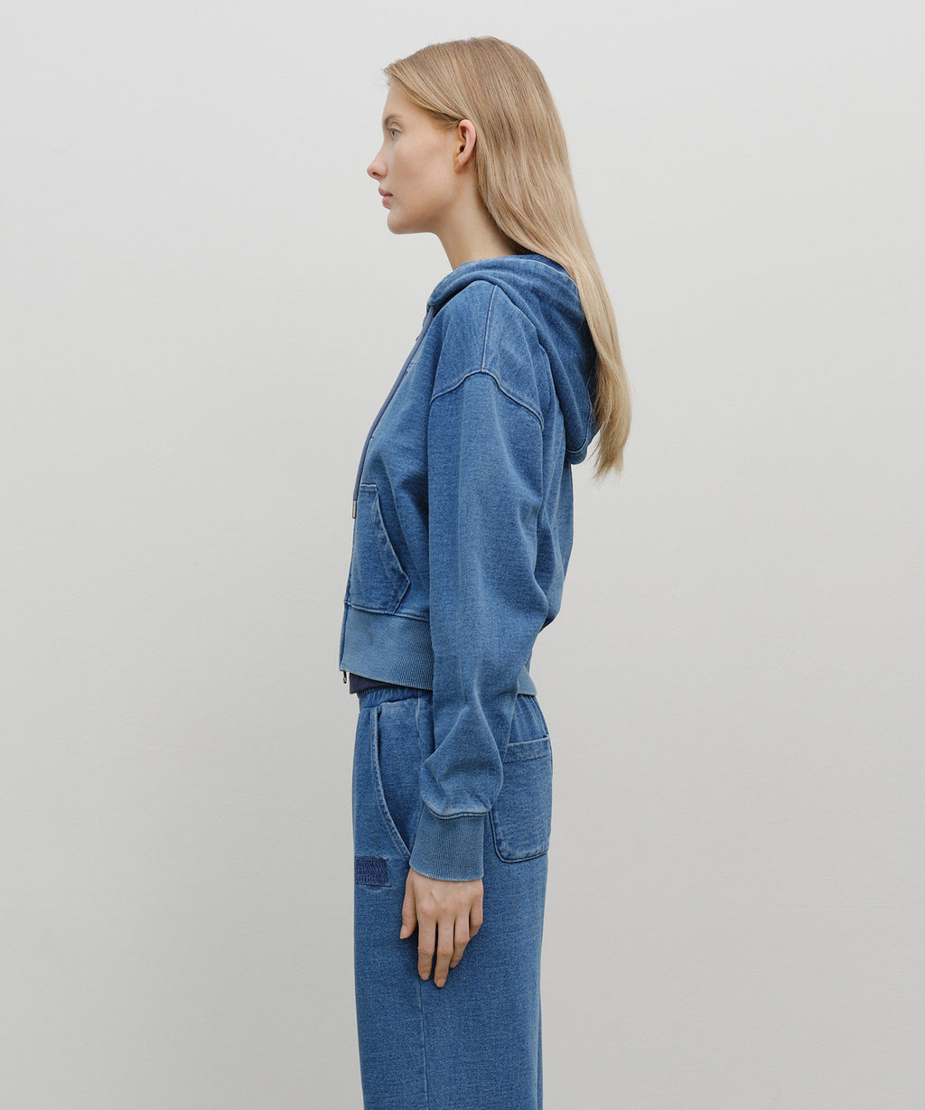 Marithe & Francois Girbaud - Embroidery Classic Logo Crop Hoodie Zipup (Blue) product image 2 | TRAB K-Fashion Australia