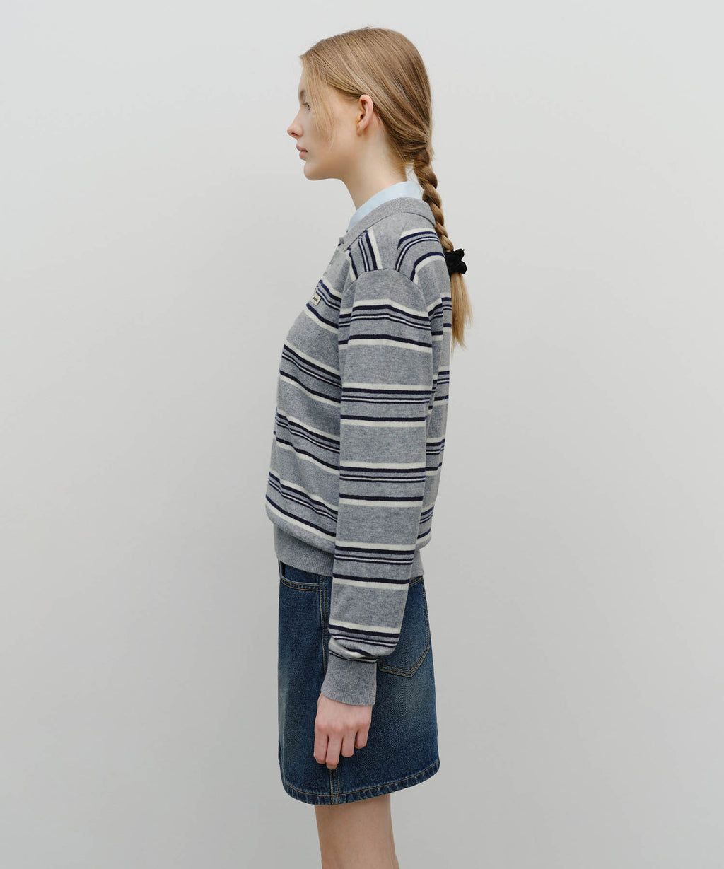 Marithe & Francois Girbaud - Regular Logo Stripe Polo Knit (Melange Gray) product image 2 | TRAB K-Fashion Australia