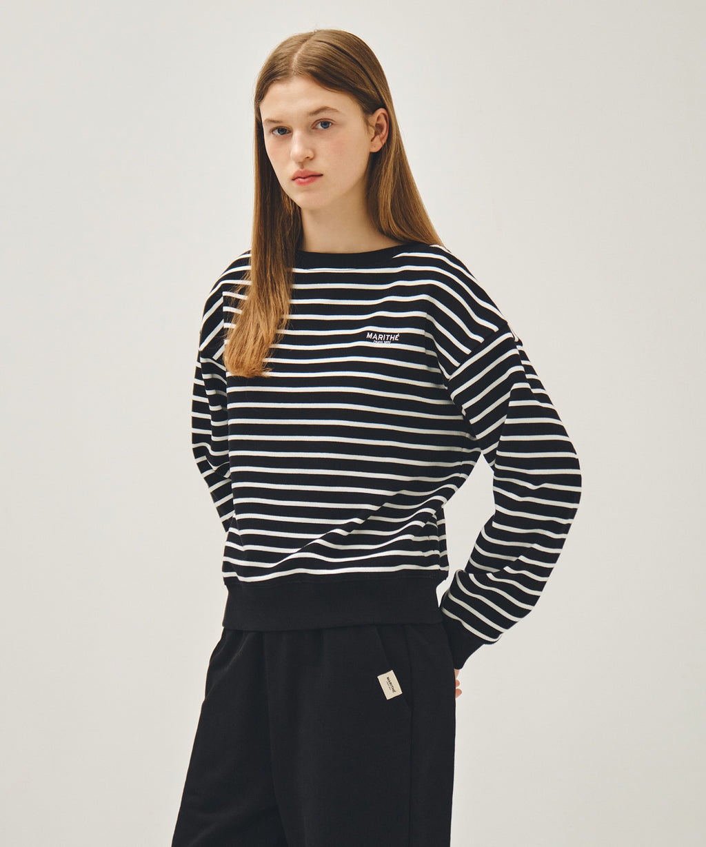 Marithe & Francois Girbaud - Stripe Boatneck Crop Sweatshirt (Black) product image 2 | TRAB K-Fashion Australia