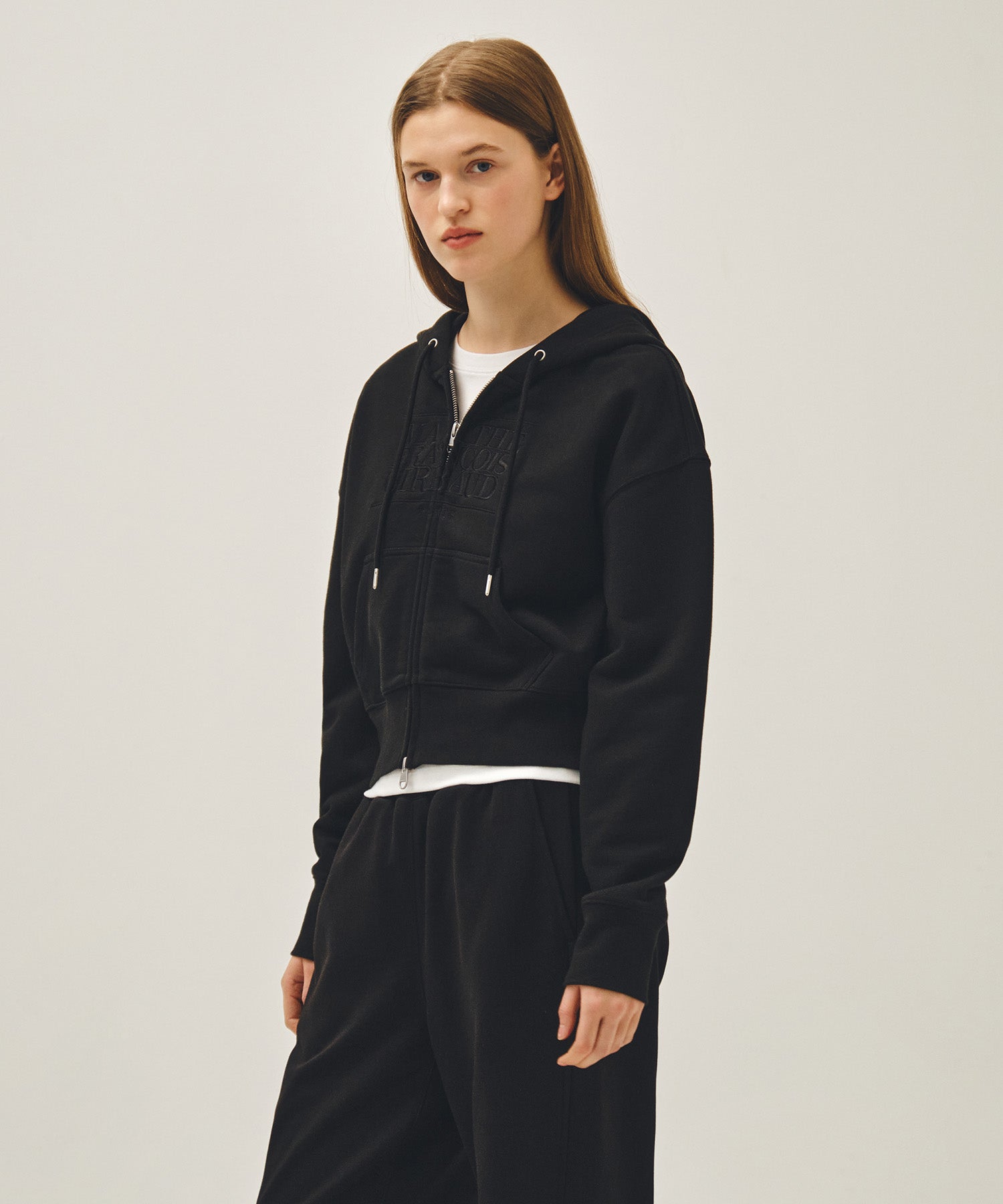 Marithe & Francois Girbaud - Classic Logo Crop Hoodie Zipup (Black Black) product image 2 | TRAB K-Fashion Australia