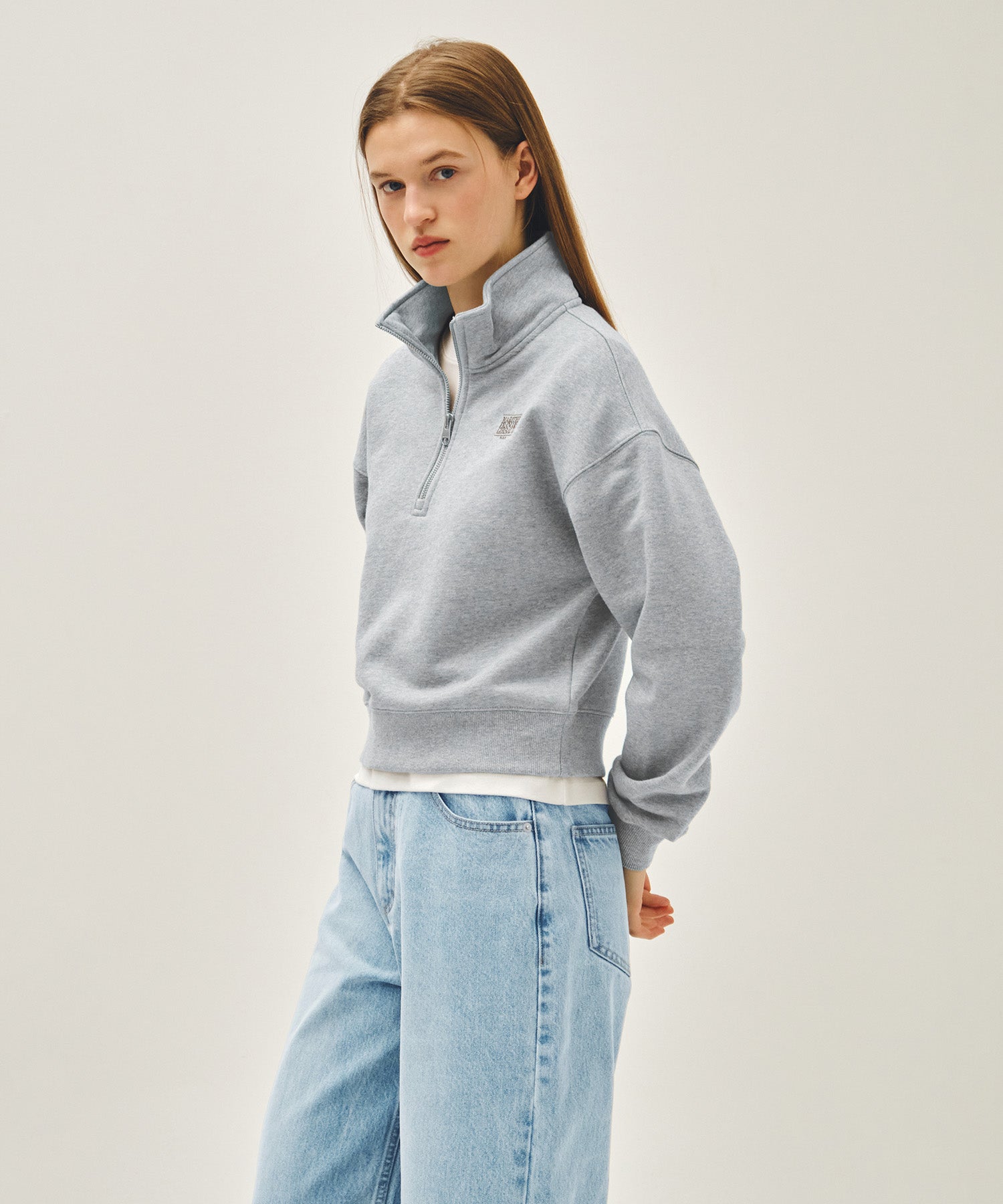 Marithe & Francois Girbaud - Small Classic Logo Half Zipup Crop Sweatshirt (Heather Gray) product image 2 | TRAB K-Fashion Australia