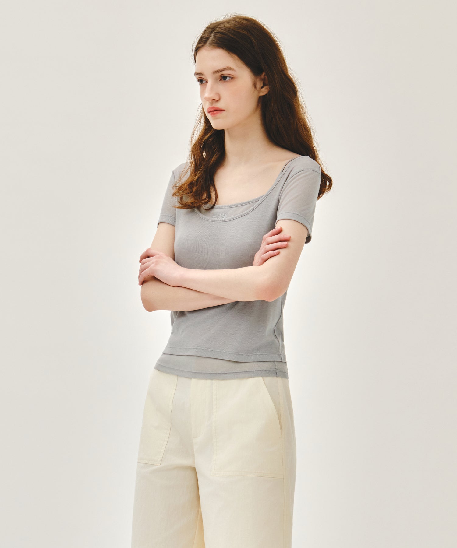 Marithe & Francois Girbaud - Small Classic Logo Sleeveless Layered Slim Crop Tee (Light Gray) product image 2 | TRAB K-Fashion Australia
