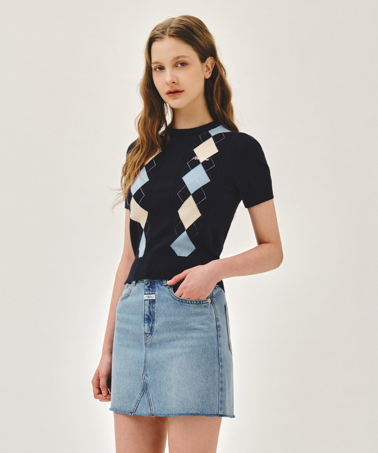 Marithe & Francois Girbaud - Argyle Cable Half Knit Pullover (Navy) product image 2 | TRAB K-Fashion Australia
